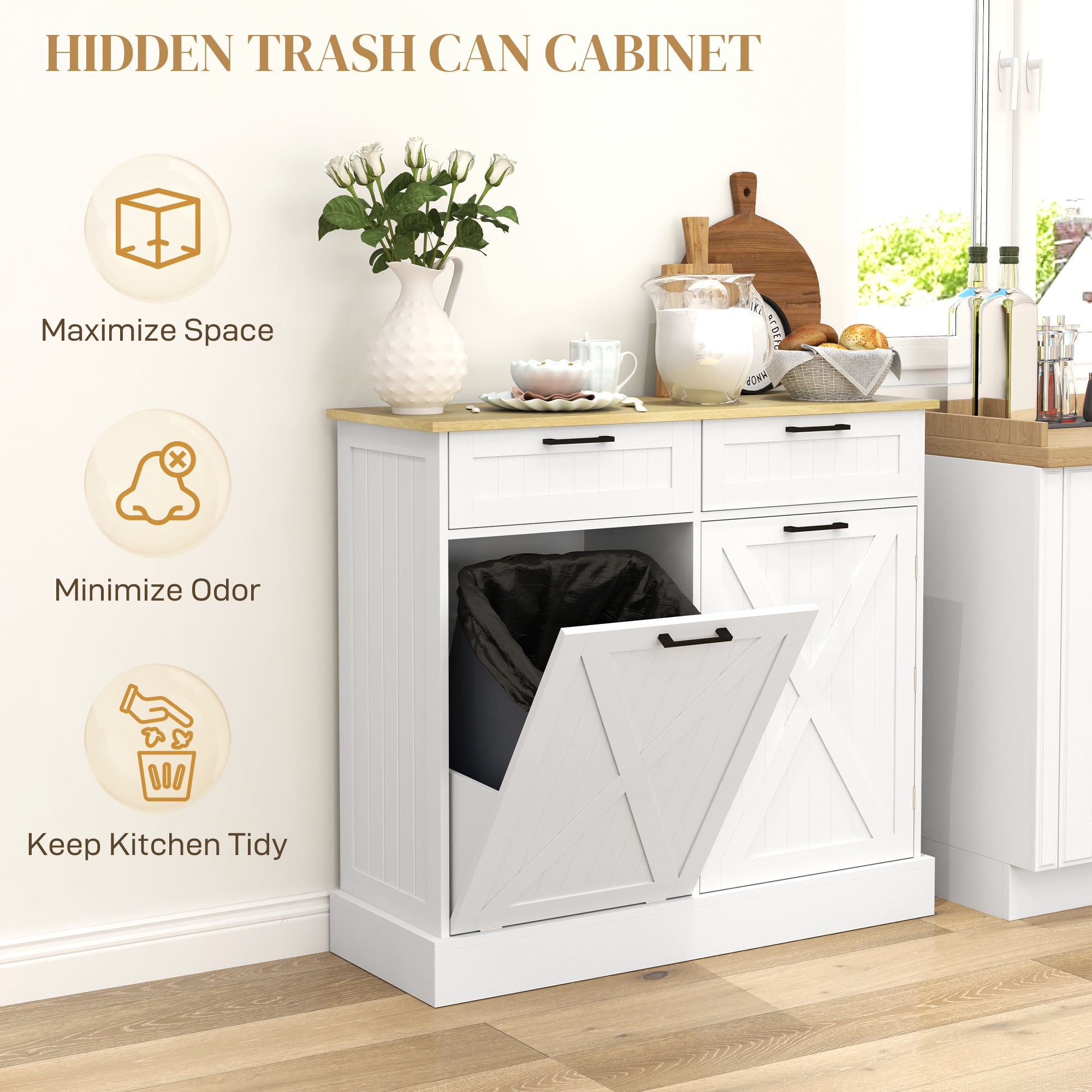 Tilt Out Trash Cabinet - 10 Gallon Kitchen Island White-DECOROLALA