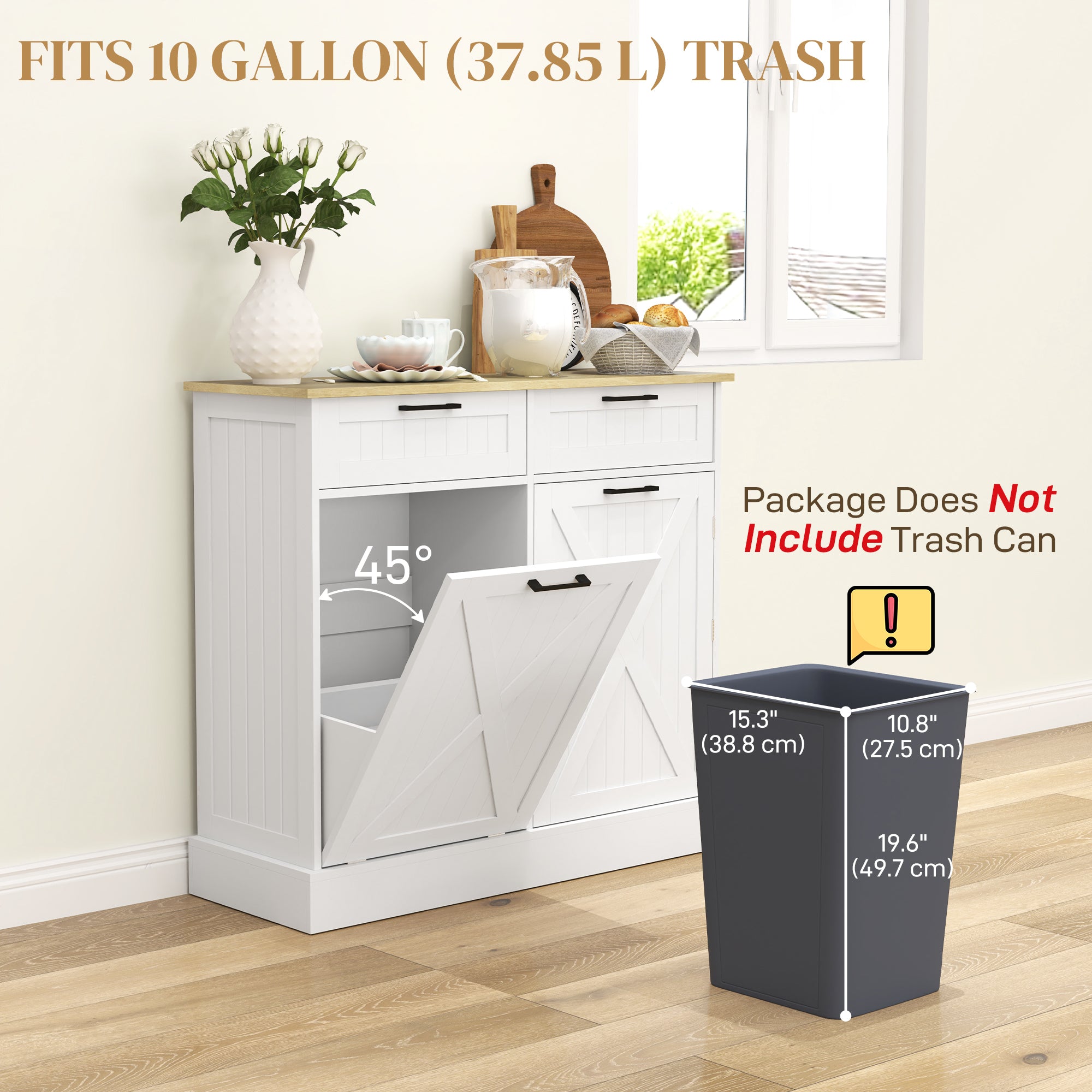 Tilt Out Trash Cabinet - 10 Gallon Kitchen Island White-DECOROLALA