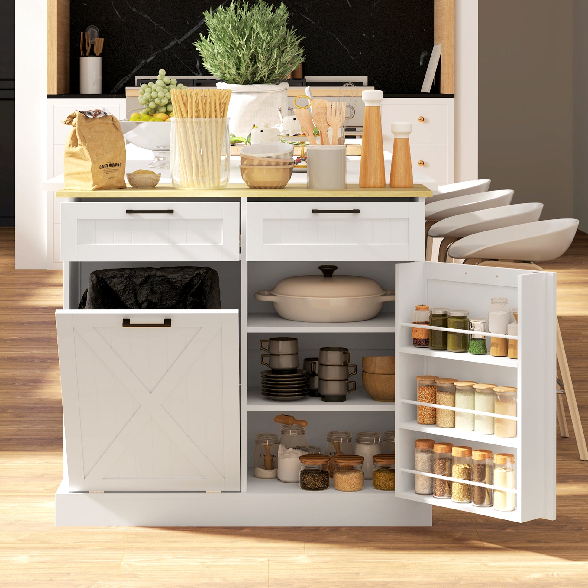 Tilt Out Trash Cabinet - 10 Gallon Kitchen Island White-DECOROLALA