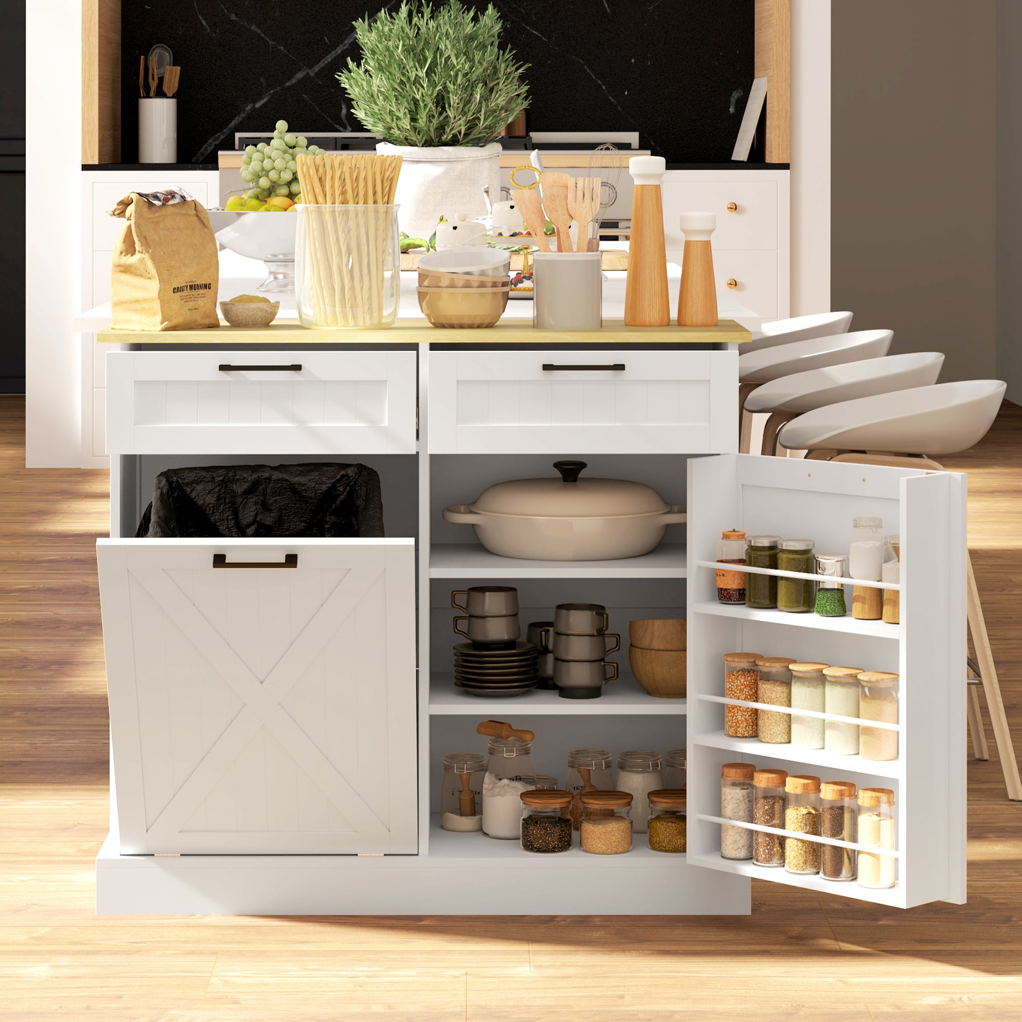 Tilt Out Trash Cabinet - 10 Gallon Kitchen Island White-DECOROLALA