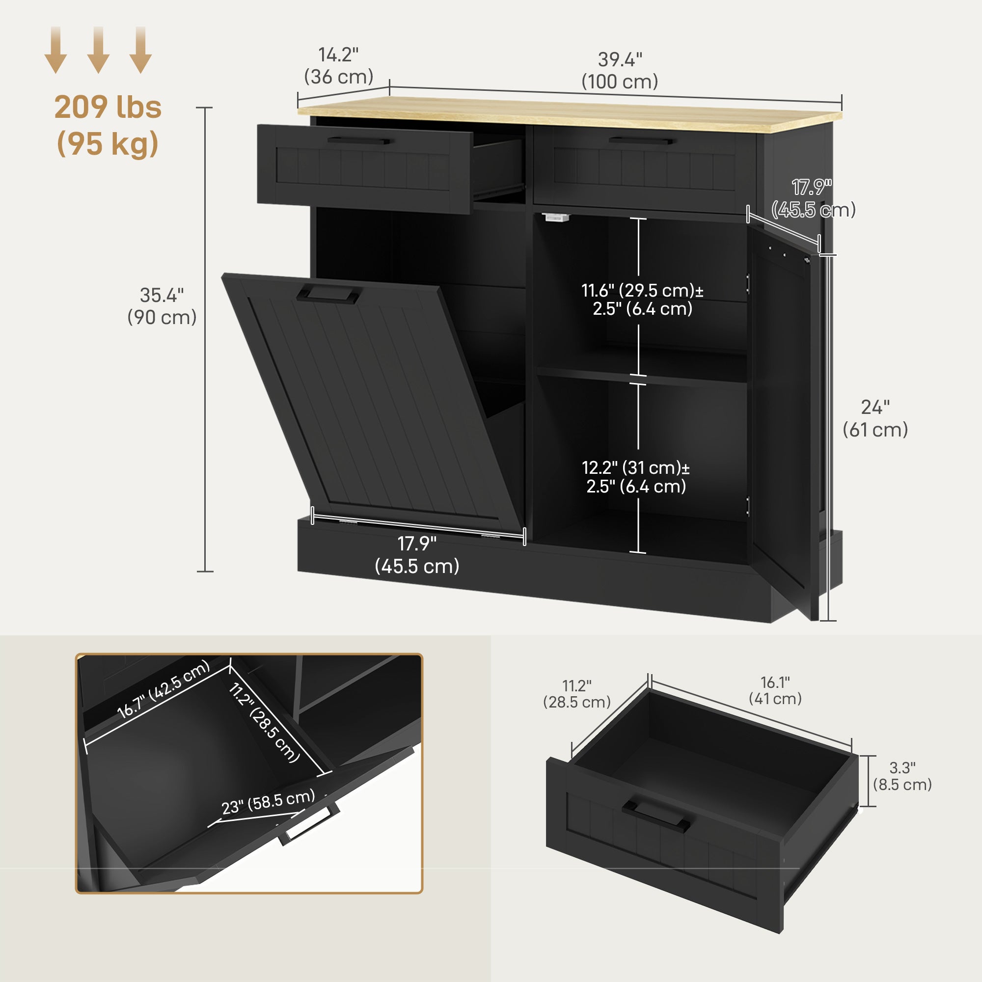 Tilt Out Trash Cabinet - Black Hidden Garbage Bin Island-DECOROLALA