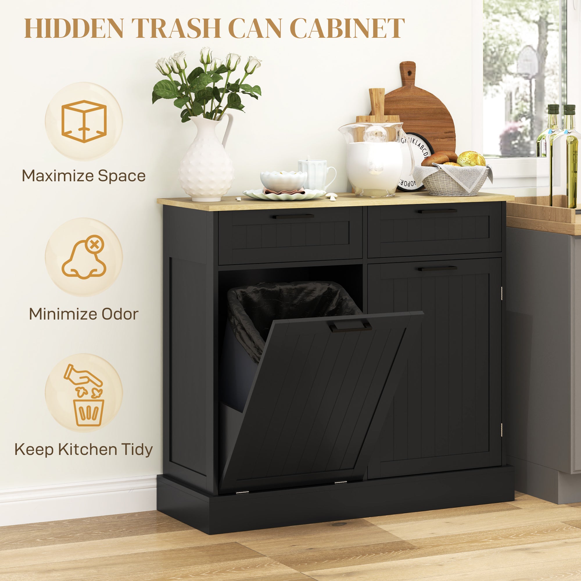 Tilt Out Trash Cabinet - Black Hidden Garbage Bin Island-DECOROLALA