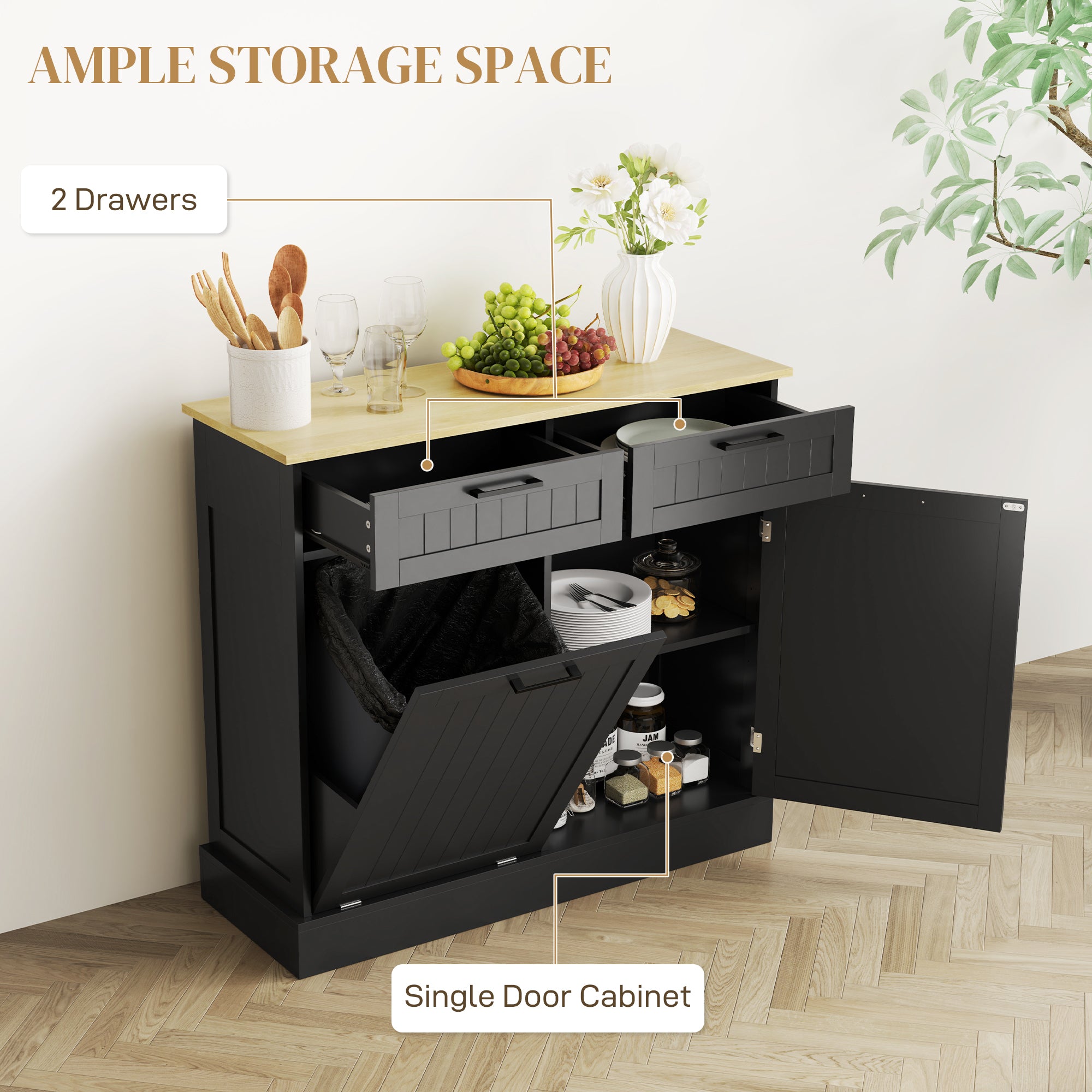 Tilt Out Trash Cabinet - Black Hidden Garbage Bin Island-DECOROLALA