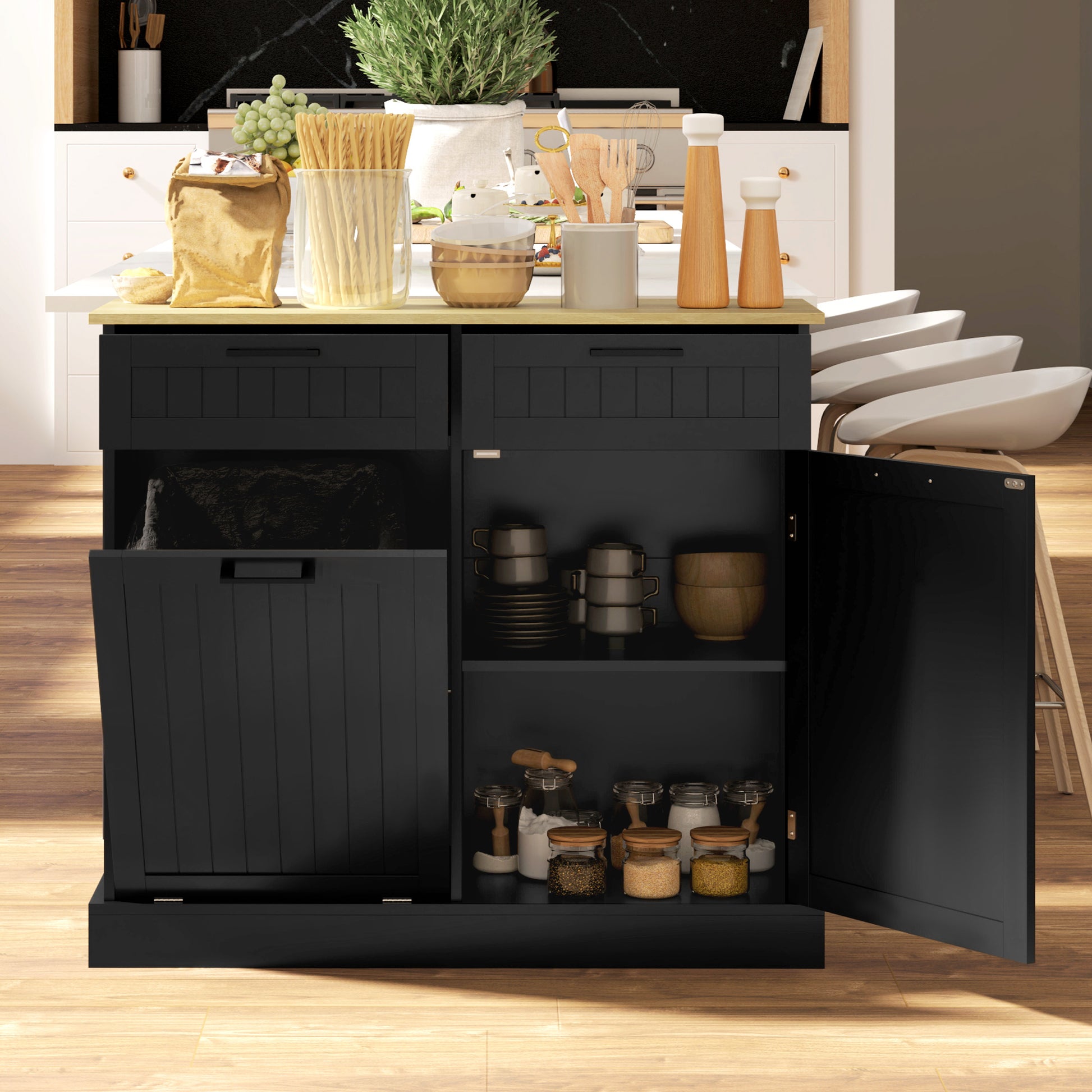 Tilt Out Trash Cabinet - Black Hidden Garbage Bin Island-DECOROLALA