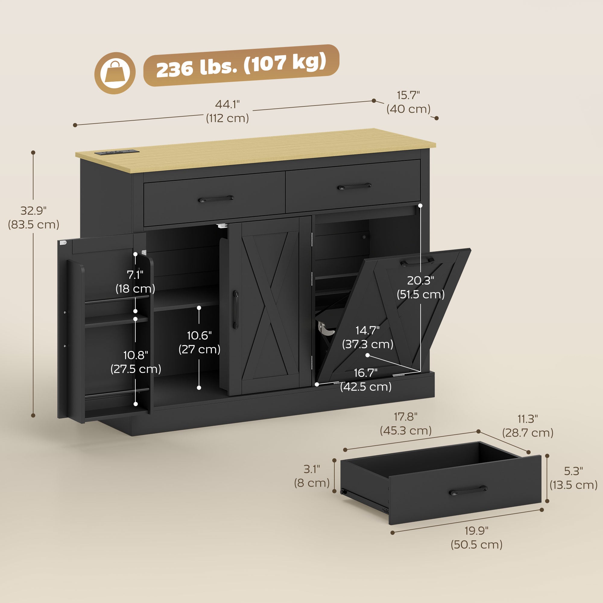 Tilt Out Trash Cabinet - Kitchen Island with Charging Station-DECOROLALA