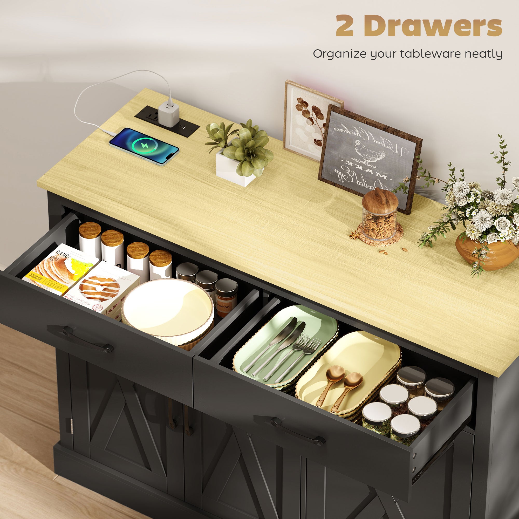 Tilt Out Trash Cabinet - Kitchen Island with Charging Station-DECOROLALA