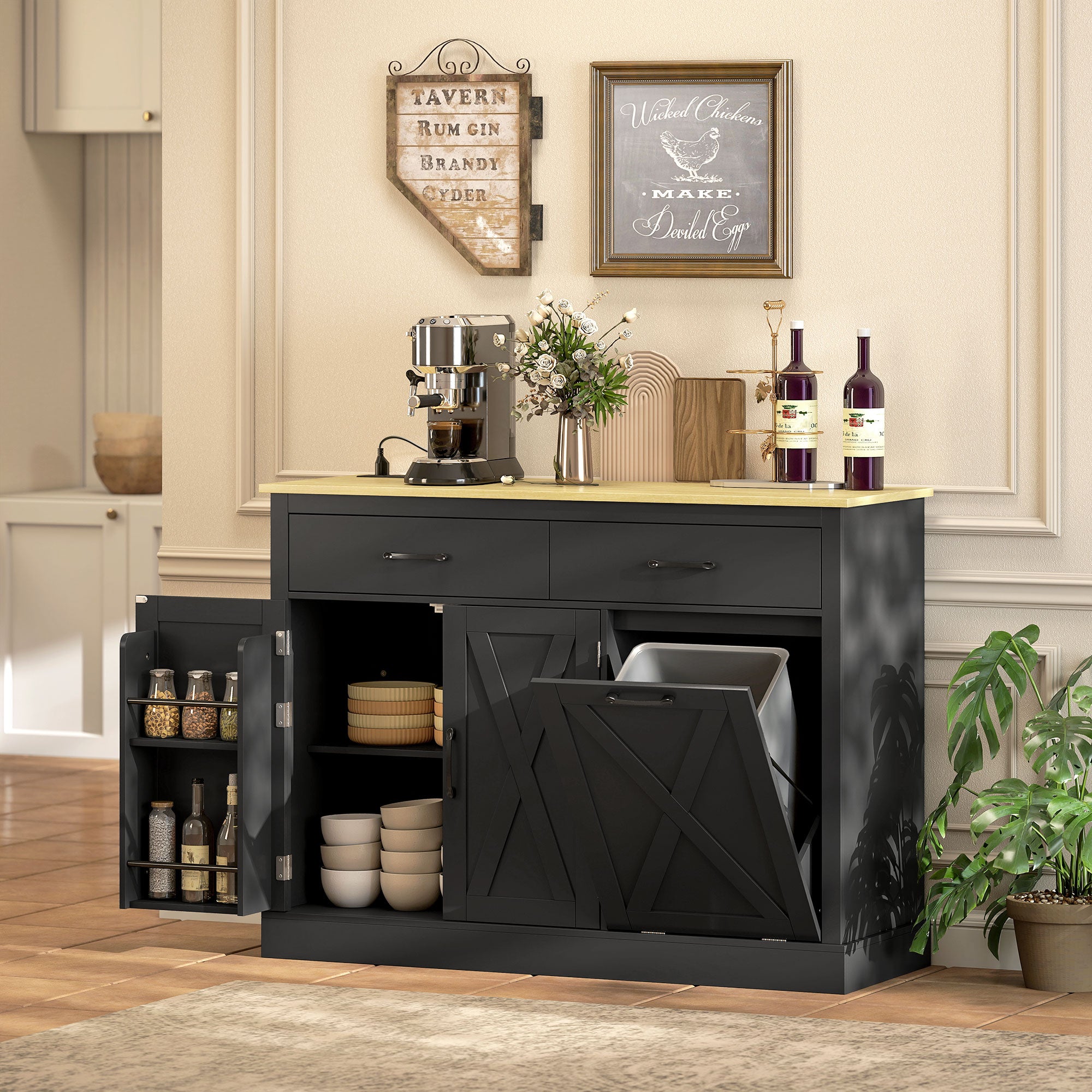 Tilt Out Trash Cabinet - Kitchen Island with Charging Station-DECOROLALA