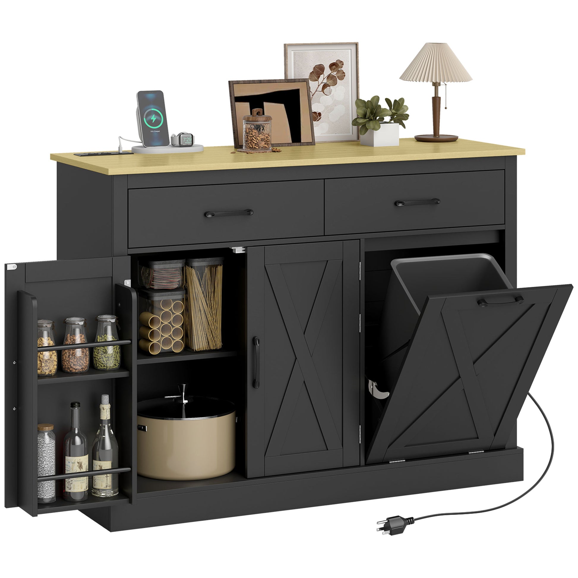 Tilt Out Trash Cabinet - Kitchen Island with Charging Station-DECOROLALA