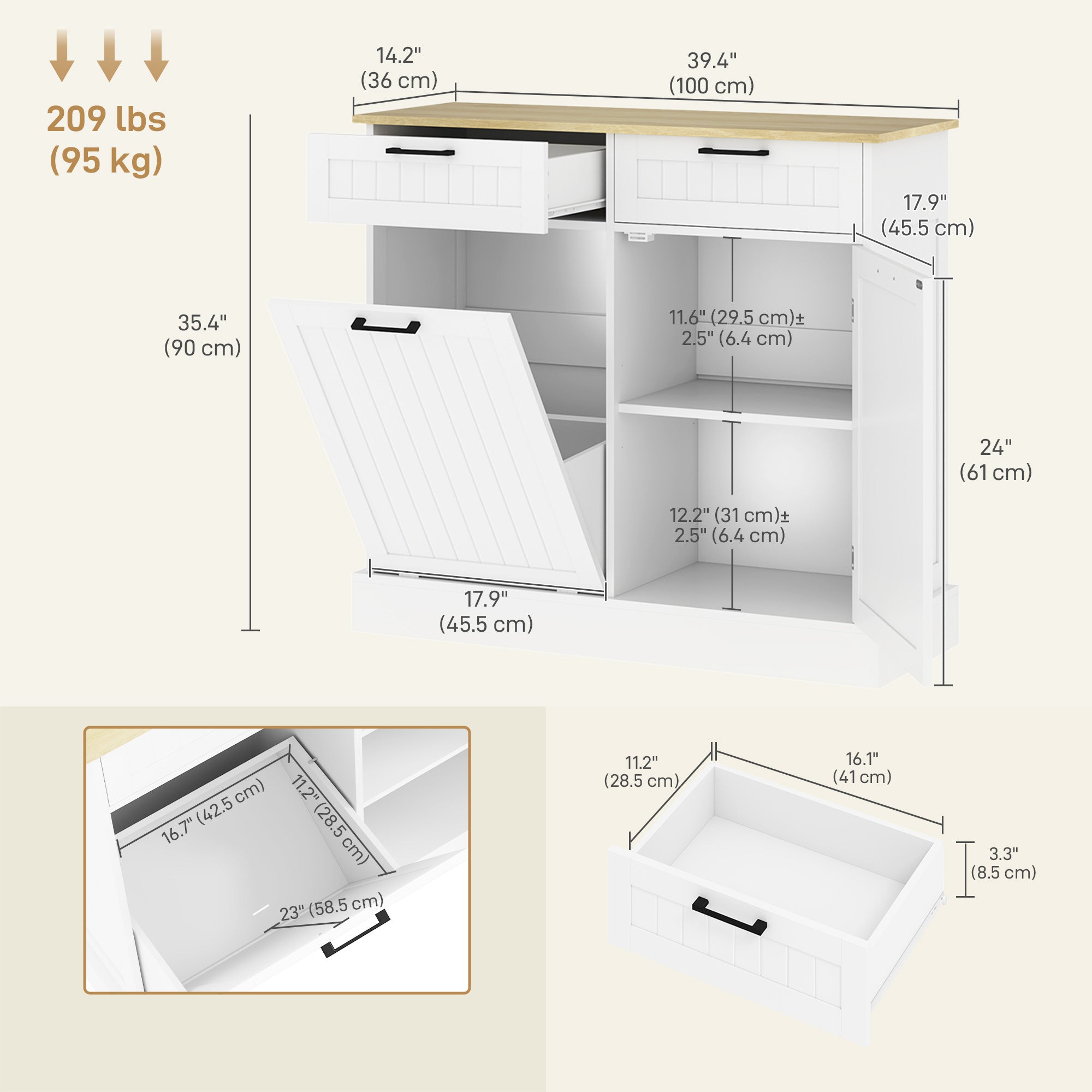 Tilt Out Trash Cabinet - White Hidden Garbage Bin Sideboard-DECOROLALA