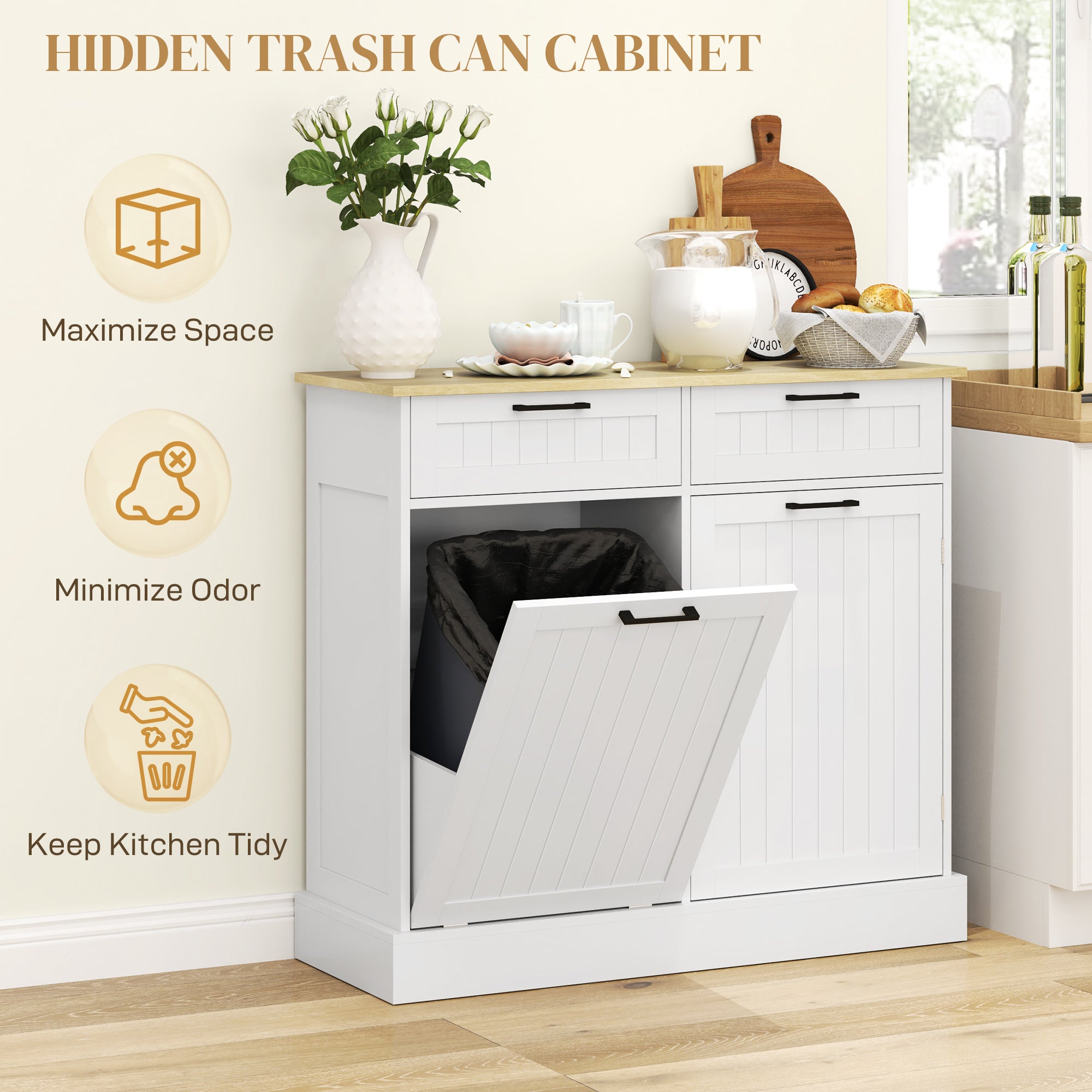 Tilt Out Trash Cabinet - White Hidden Garbage Bin Sideboard-DECOROLALA