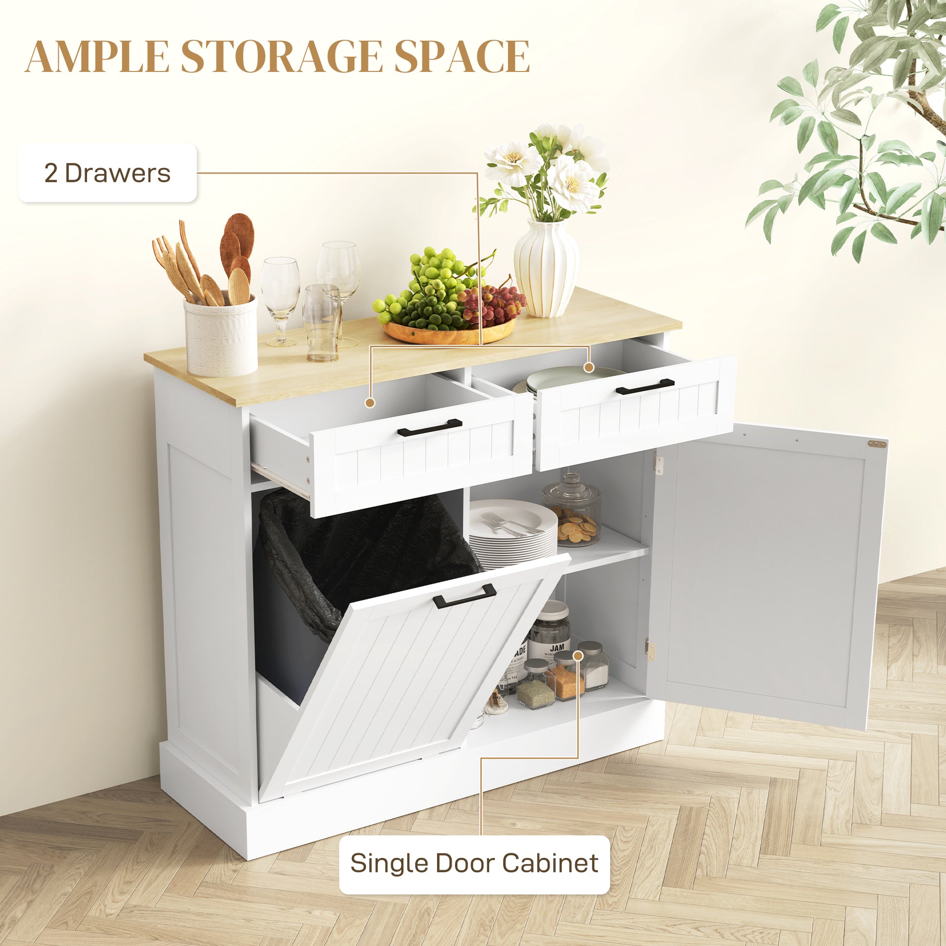 Tilt Out Trash Cabinet - White Hidden Garbage Bin Sideboard-DECOROLALA