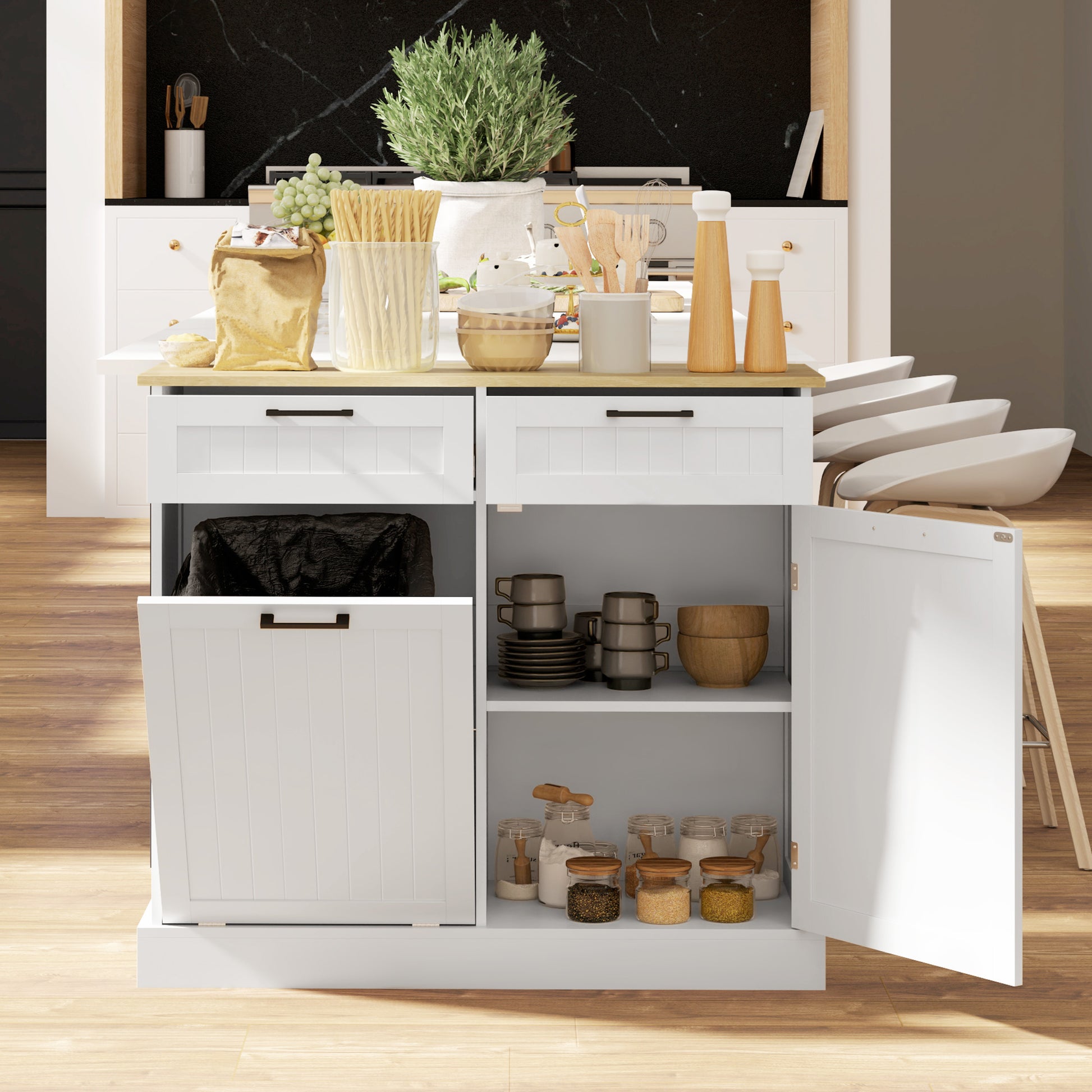 Tilt Out Trash Cabinet - White Hidden Garbage Bin Sideboard-DECOROLALA