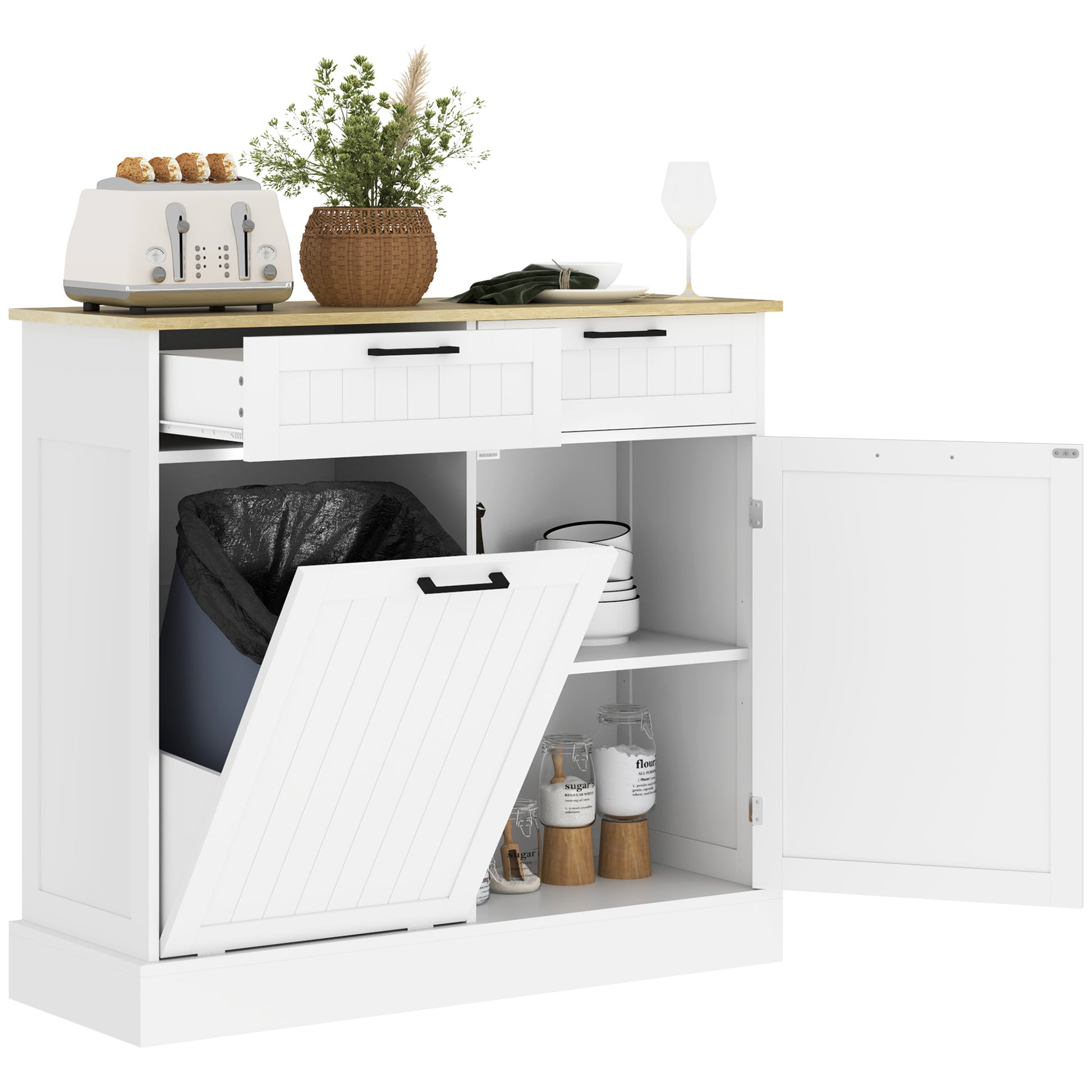 Tilt Out Trash Cabinet - White Hidden Garbage Bin Sideboard-DECOROLALA