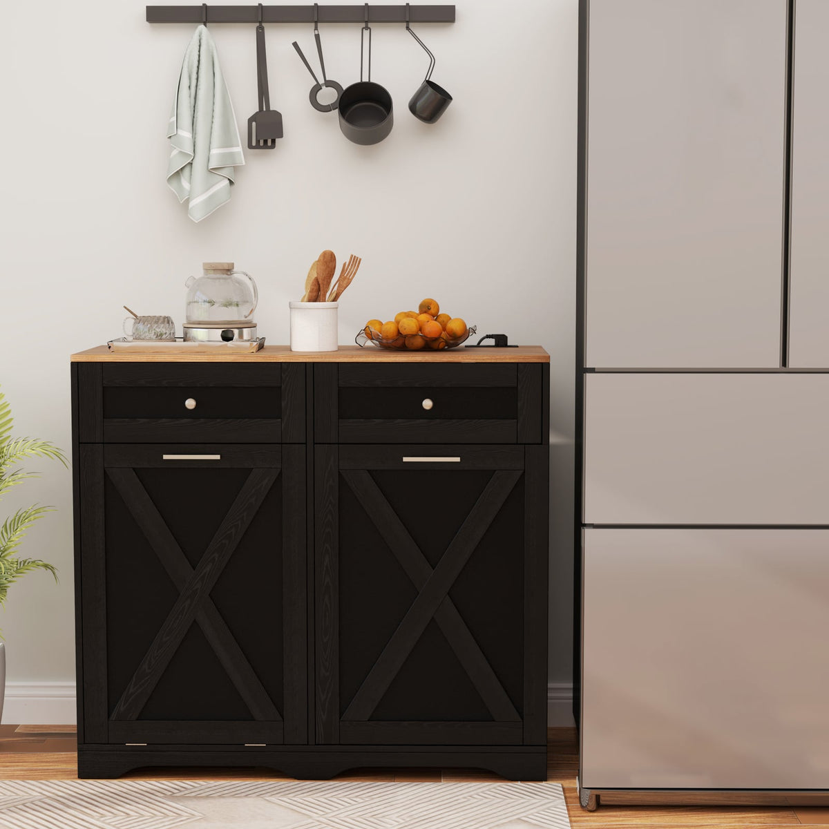 Tilt Out Trash Can Cabinet with Outlets and Adjustable Shelf-Black-Sideboards & Buffets-DECOROLALA