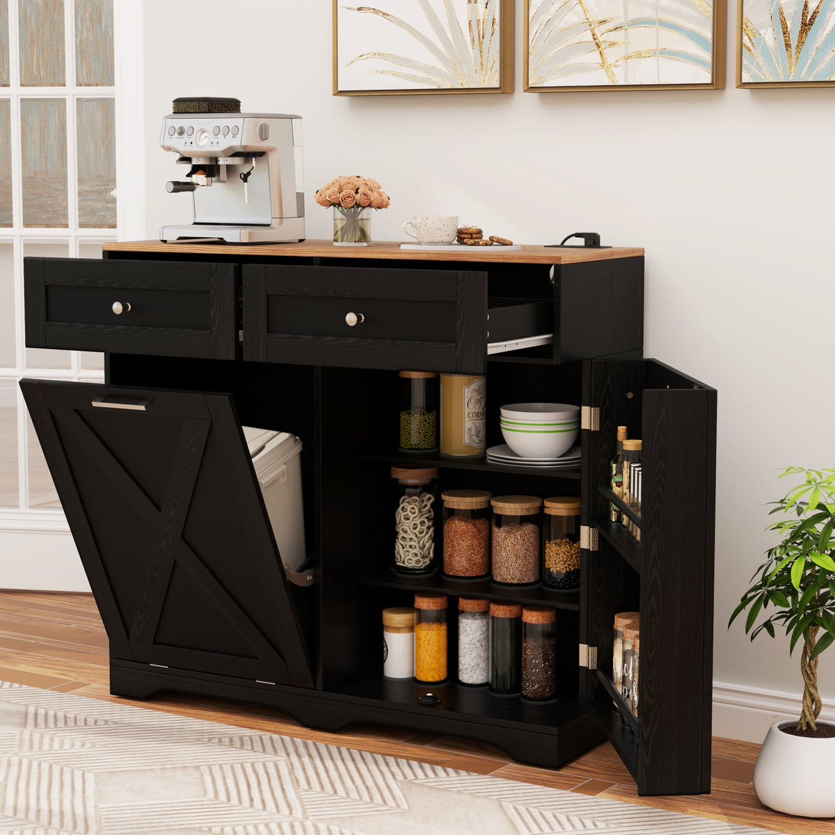 Tilt Out Trash Can Cabinet with Outlets and Adjustable Shelf-Black-Sideboards & Buffets-DECOROLALA