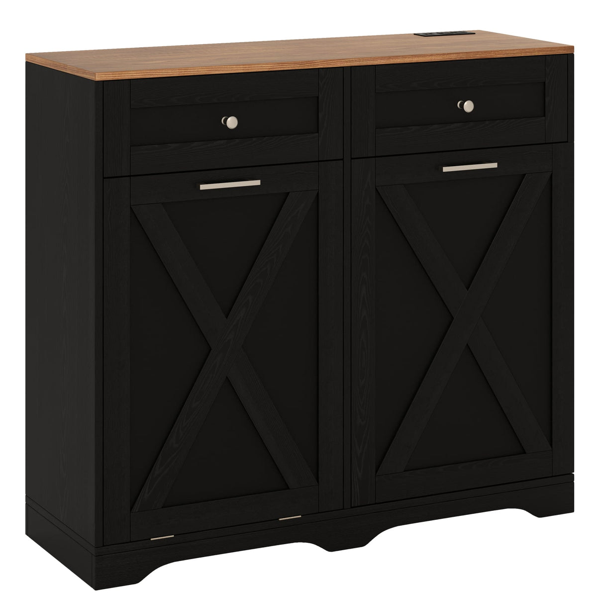 Tilt Out Trash Can Cabinet with Outlets and Adjustable Shelf-Black-Sideboards & Buffets-DECOROLALA
