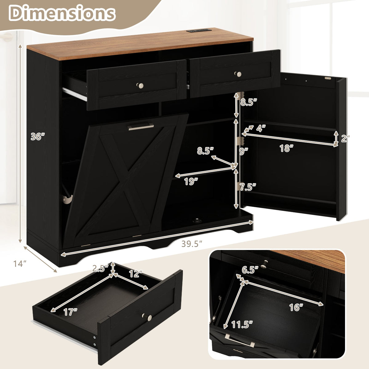 Tilt Out Trash Can Cabinet with Outlets and Adjustable Shelf-Black-Sideboards & Buffets-DECOROLALA