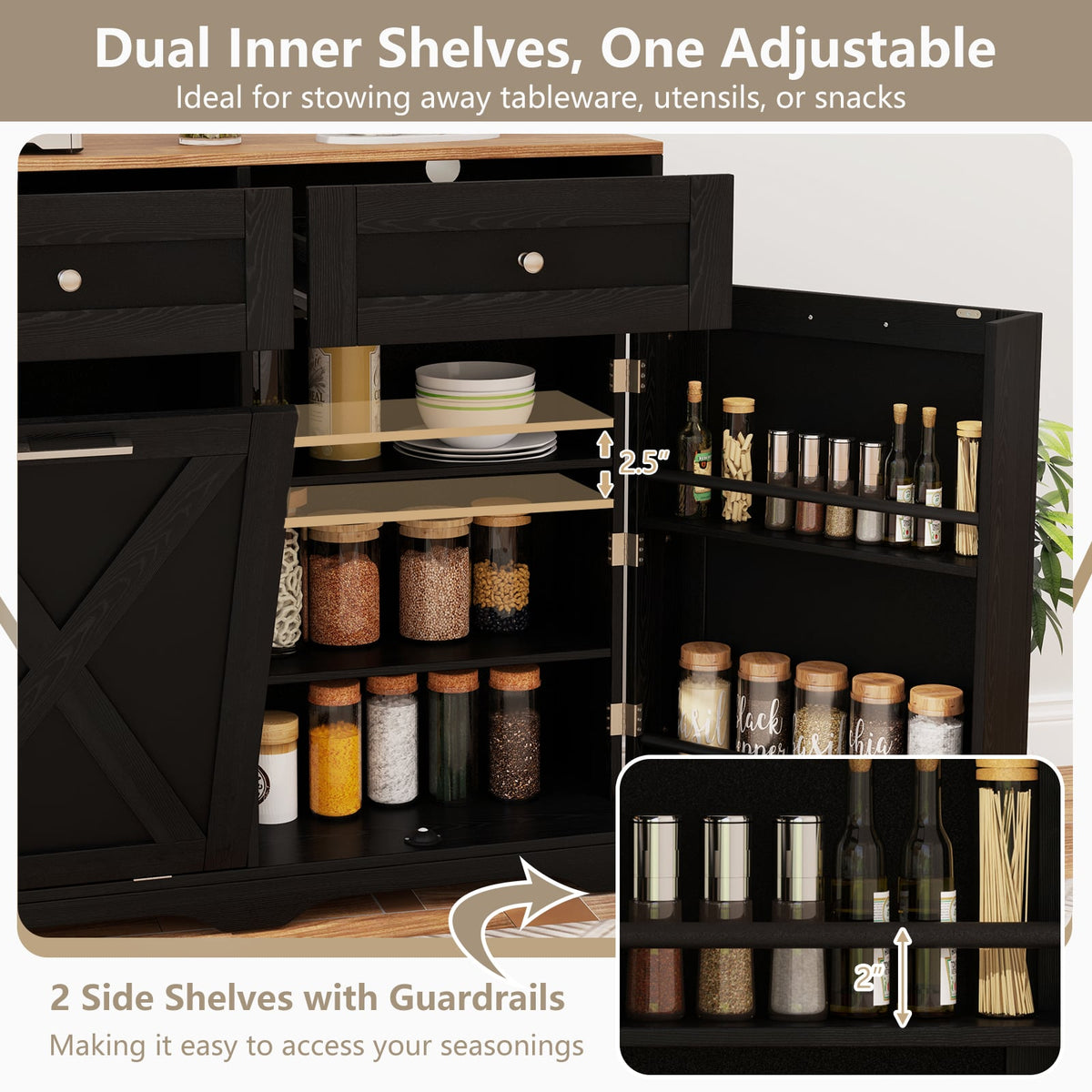 Tilt Out Trash Can Cabinet with Outlets and Adjustable Shelf-Black-Sideboards & Buffets-DECOROLALA