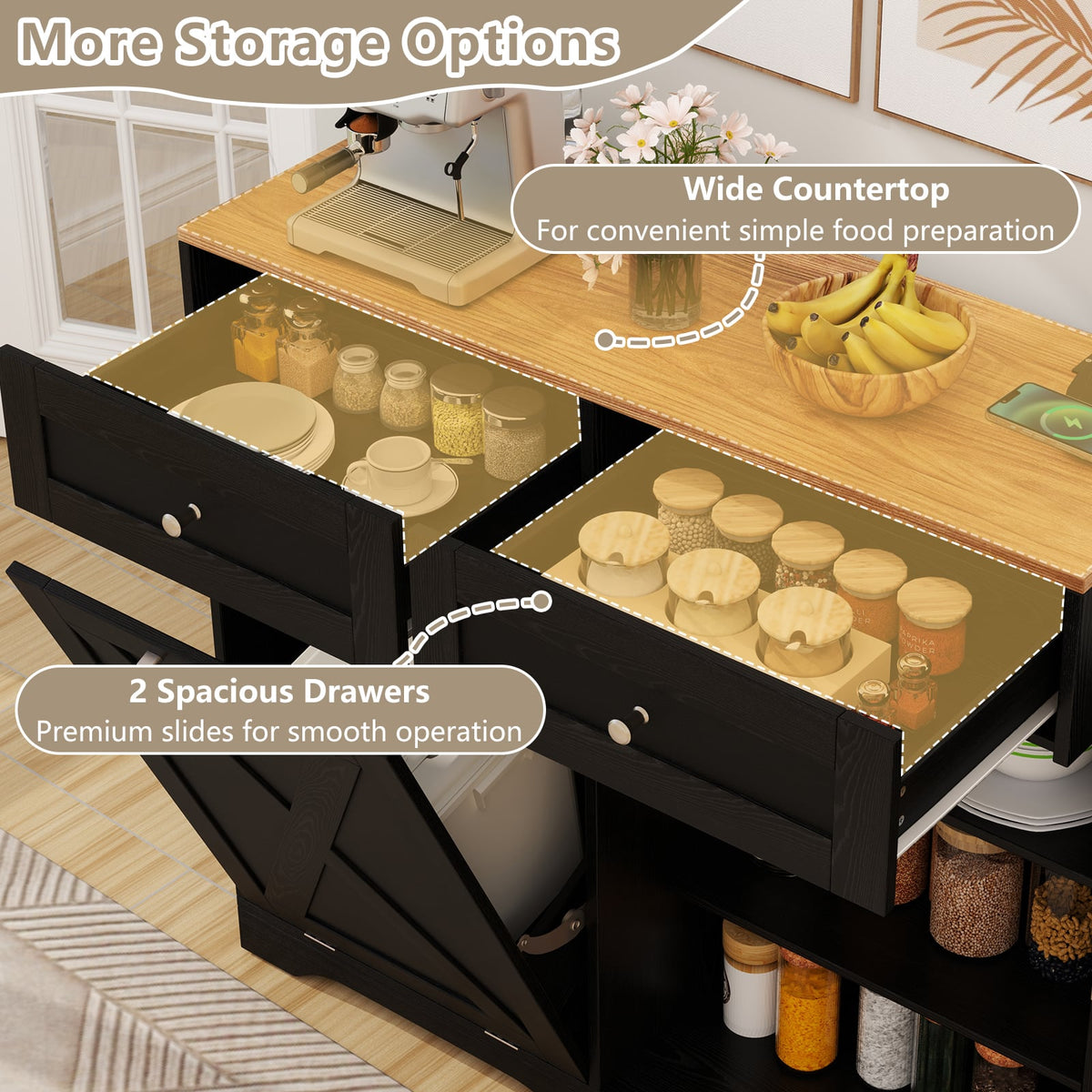 Tilt Out Trash Can Cabinet with Outlets and Adjustable Shelf-Black-Sideboards & Buffets-DECOROLALA