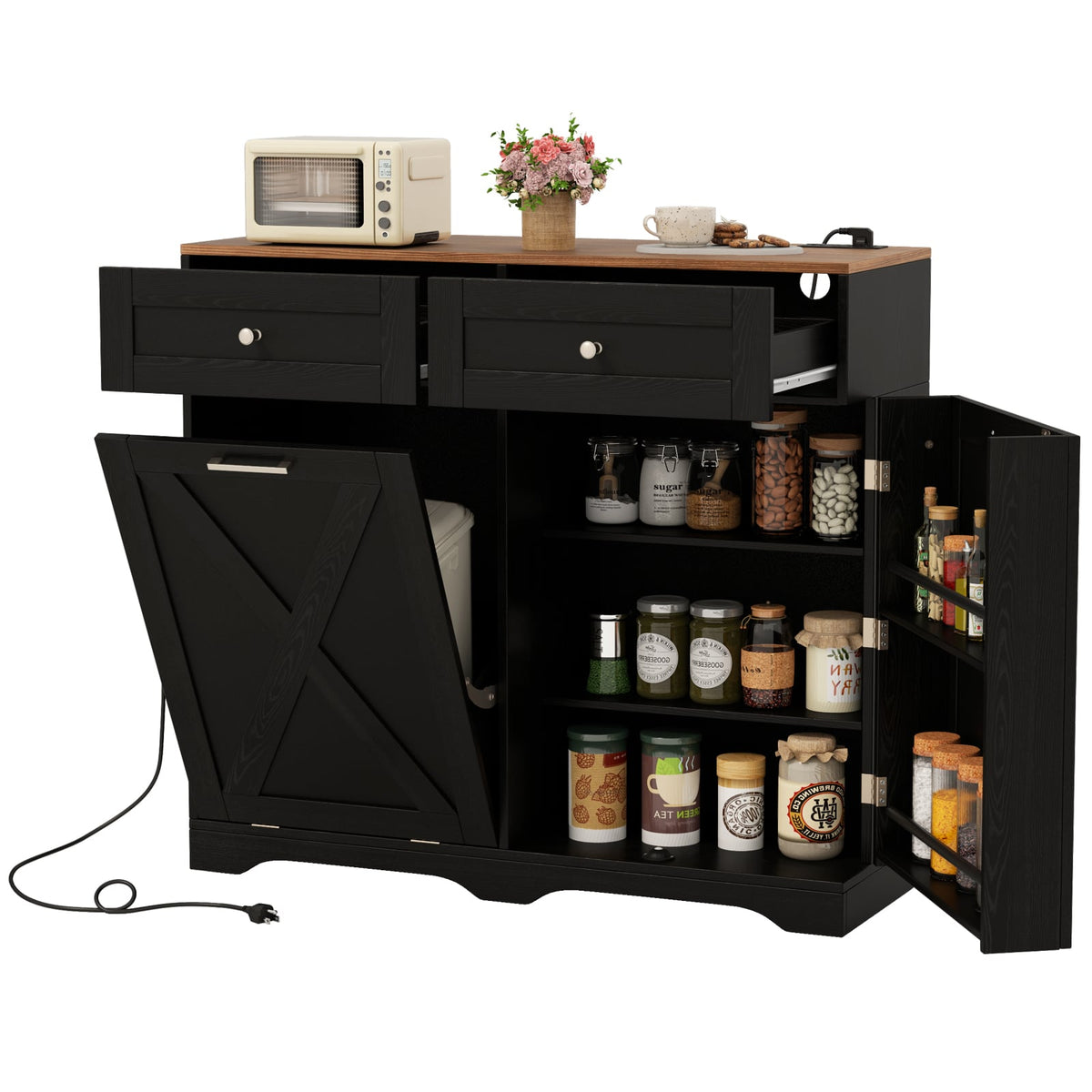 Tilt Out Trash Can Cabinet with Outlets and Adjustable Shelf-Black-Sideboards & Buffets-DECOROLALA