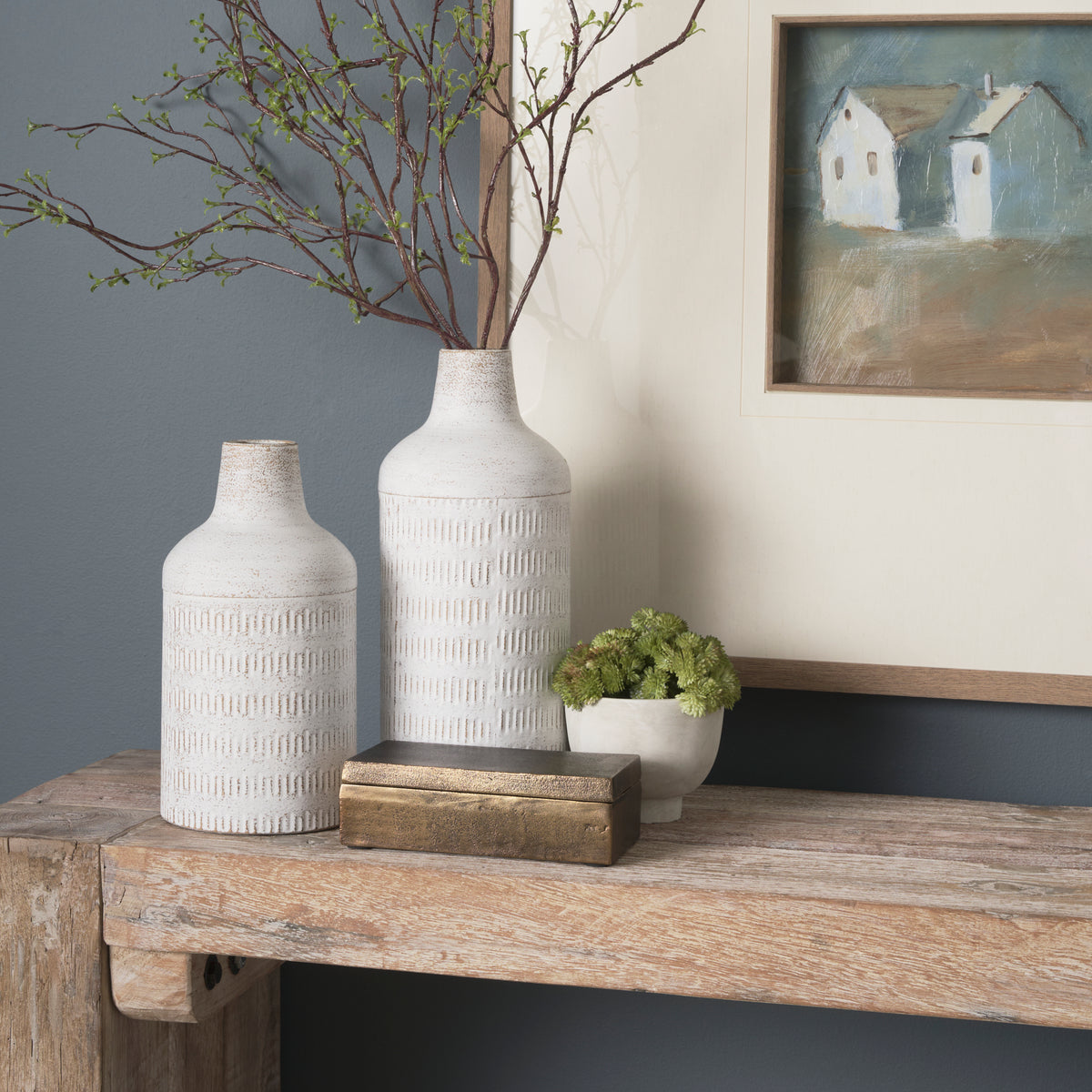 Tisha Large White W/ Terracotta Distressing Metal Vase-Vase-DECOROLALA