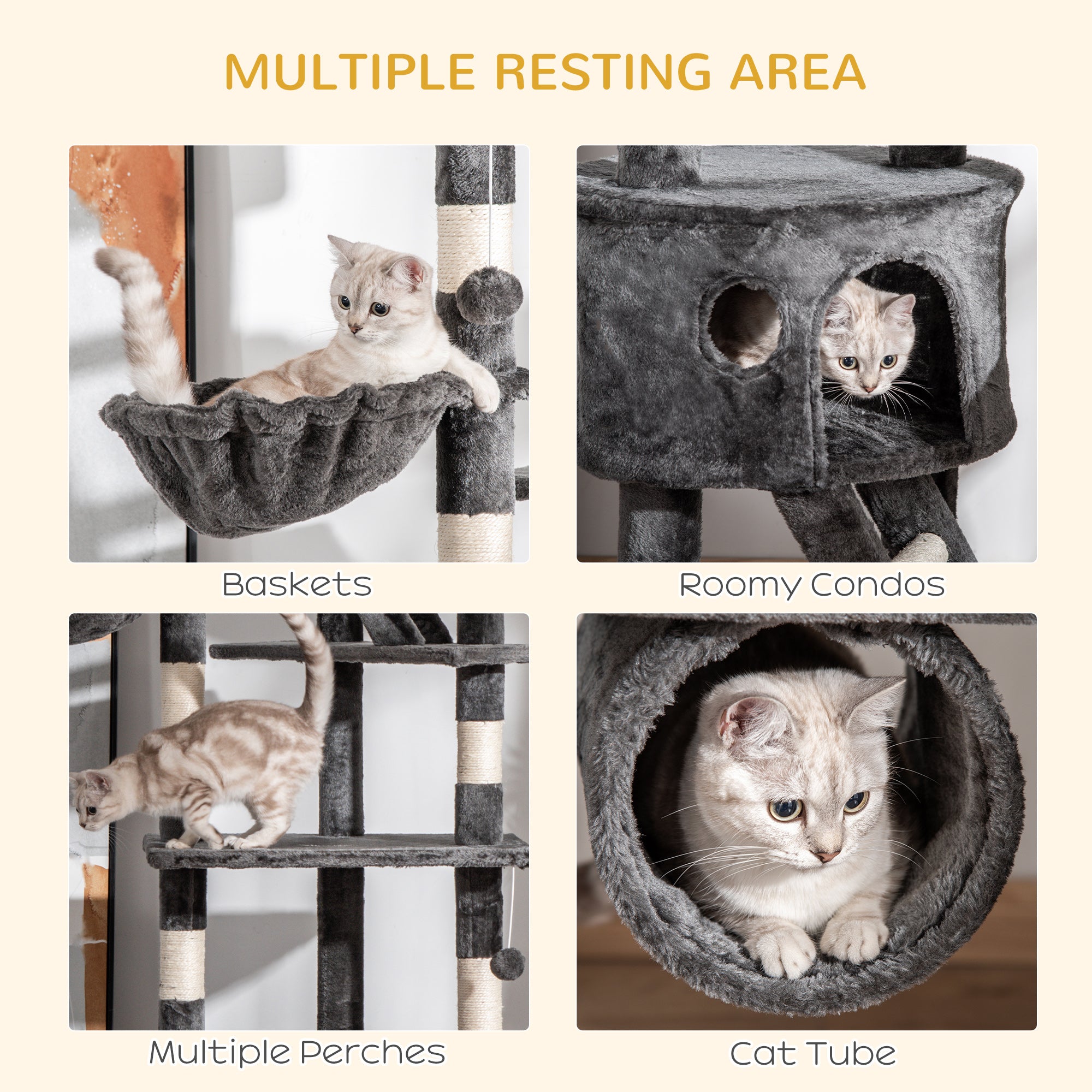 94"-102" Floor to Ceiling Cat Tree High Cat Condo Scratching Post Activity Center Multi-Level Play House Dark Grey