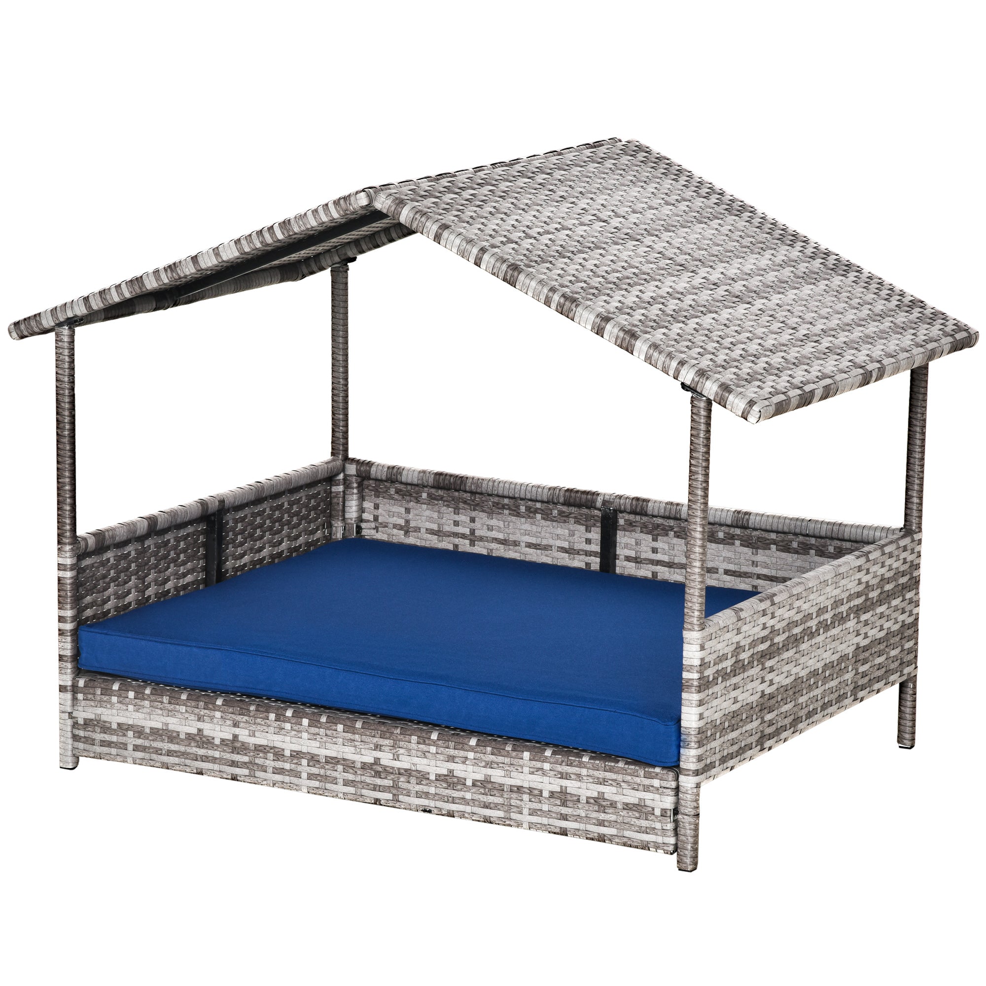 Niche pour chien en rotin avec auvent, panier pour chien en osier avec coussin résistant à l’eau, pour petites et moyennes races, bleu foncé