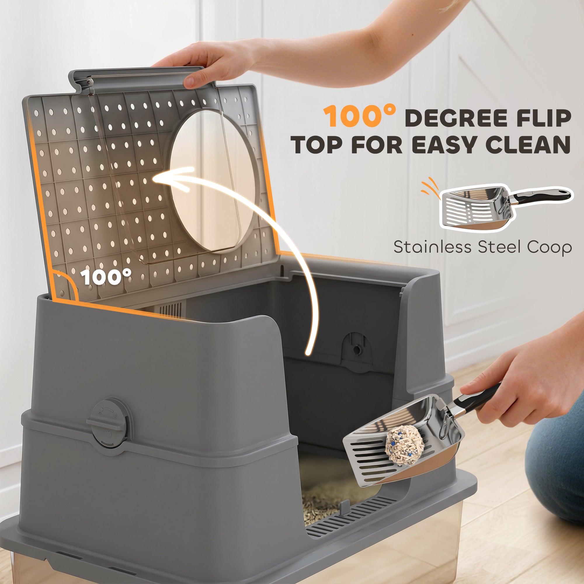 XL Stainless Steel Litter Box w/ 100° Flip Top, Scoop, Side Top Dual Entry, Odor Free, Easy Cleaning, Anti Leakage