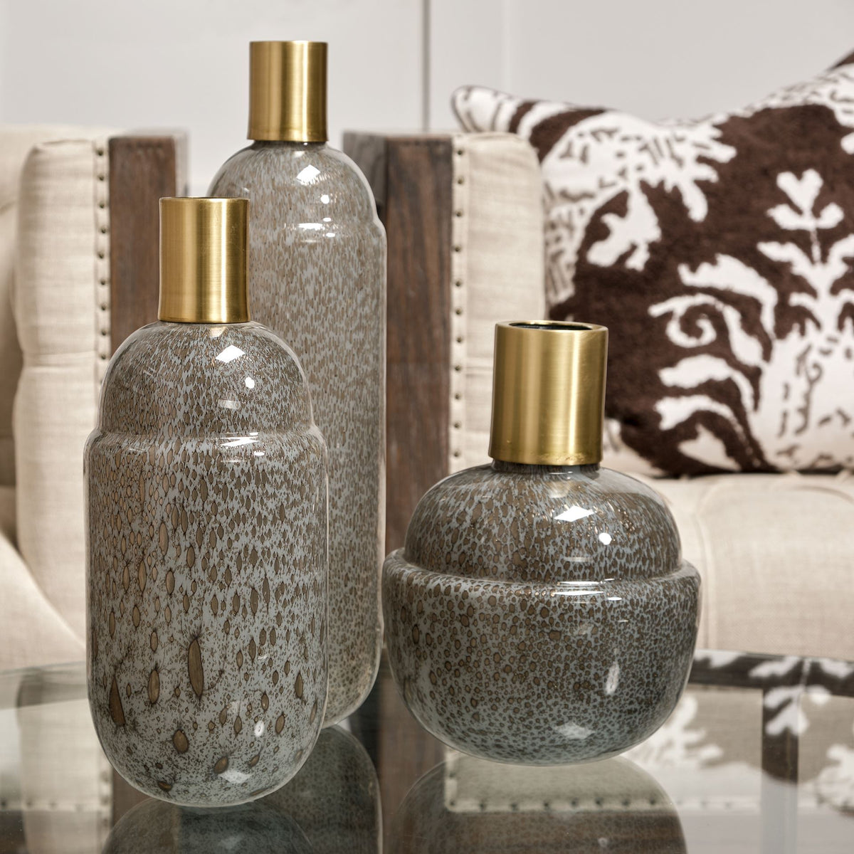 Toba II Tall Brown/Gold Spotted Gourd Style Vase-Vase-DECOROLALA