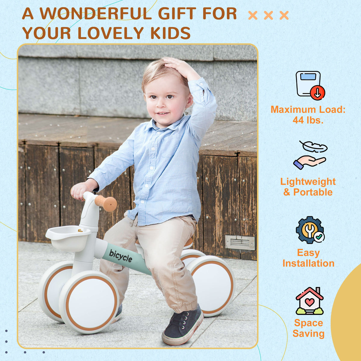 Toddler Balance Bike for 12â€“36 Months with Adjustable Seat, Removable Basket, 4 Silent Wheels-Toys & Games > Baby & Toddler Toys > Riding & Rocking Toys-DECOROLALA