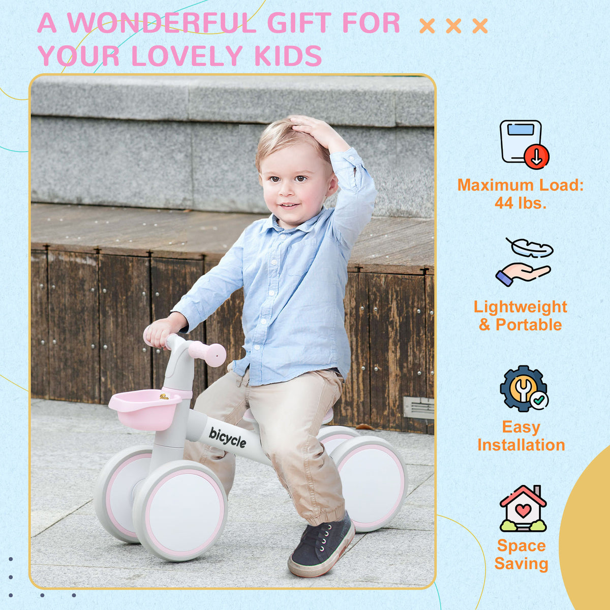 Toddler Balance Bike for 12â€“36 Months with Adjustable Seat, Removable Basket, 4 Silent Wheels-Toys & Games > Baby & Toddler Toys > Riding & Rocking Toys-DECOROLALA