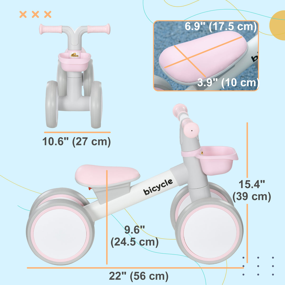 Toddler Balance Bike for 12â€“36 Months with Adjustable Seat, Removable Basket, 4 Silent Wheels-Toys & Games > Baby & Toddler Toys > Riding & Rocking Toys-DECOROLALA