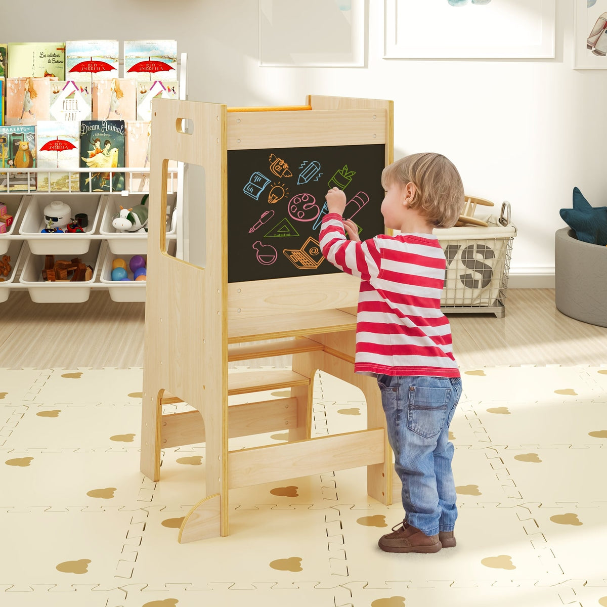 Toddler Kitchen Step Stool with Activity Chalkboard and Adjustable Height-Natural-Toddler & Kids Furniture-DECOROLALA