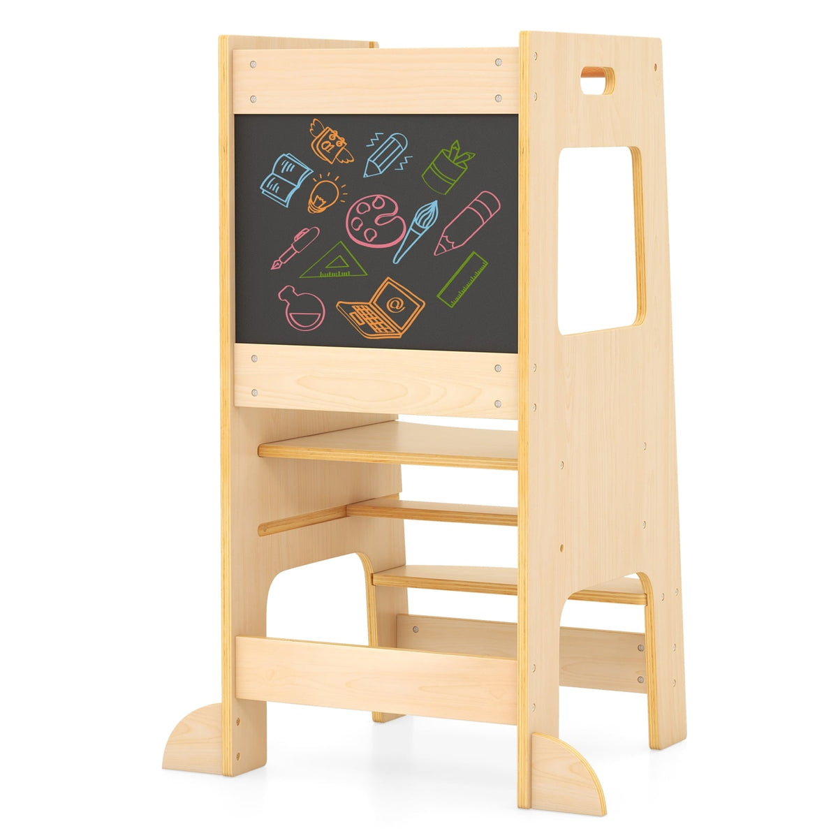 Toddler Kitchen Step Stool with Activity Chalkboard and Adjustable Height-Natural-Toddler & Kids Furniture-DECOROLALA