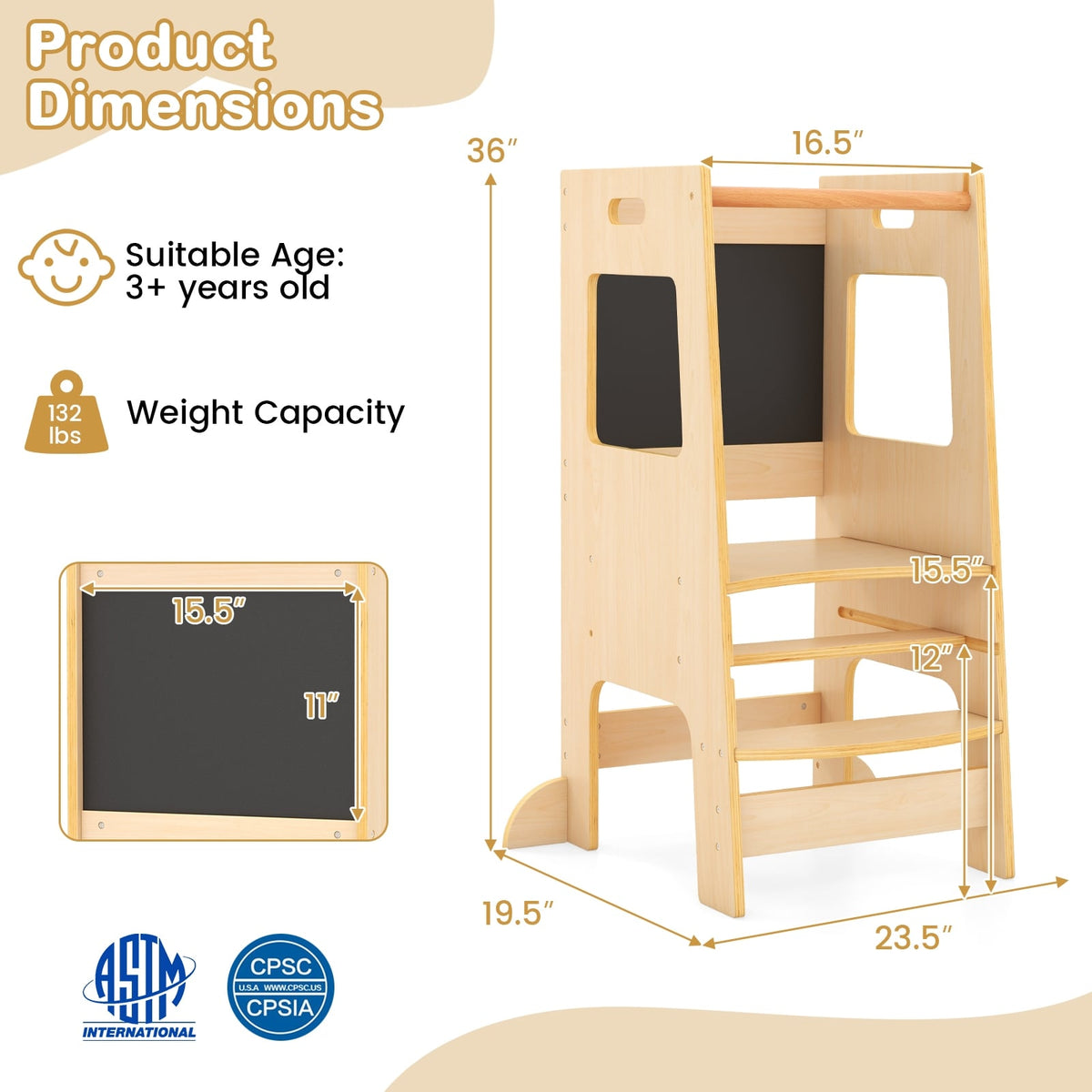 Toddler Kitchen Step Stool with Activity Chalkboard and Adjustable Height-Natural-Toddler & Kids Furniture-DECOROLALA