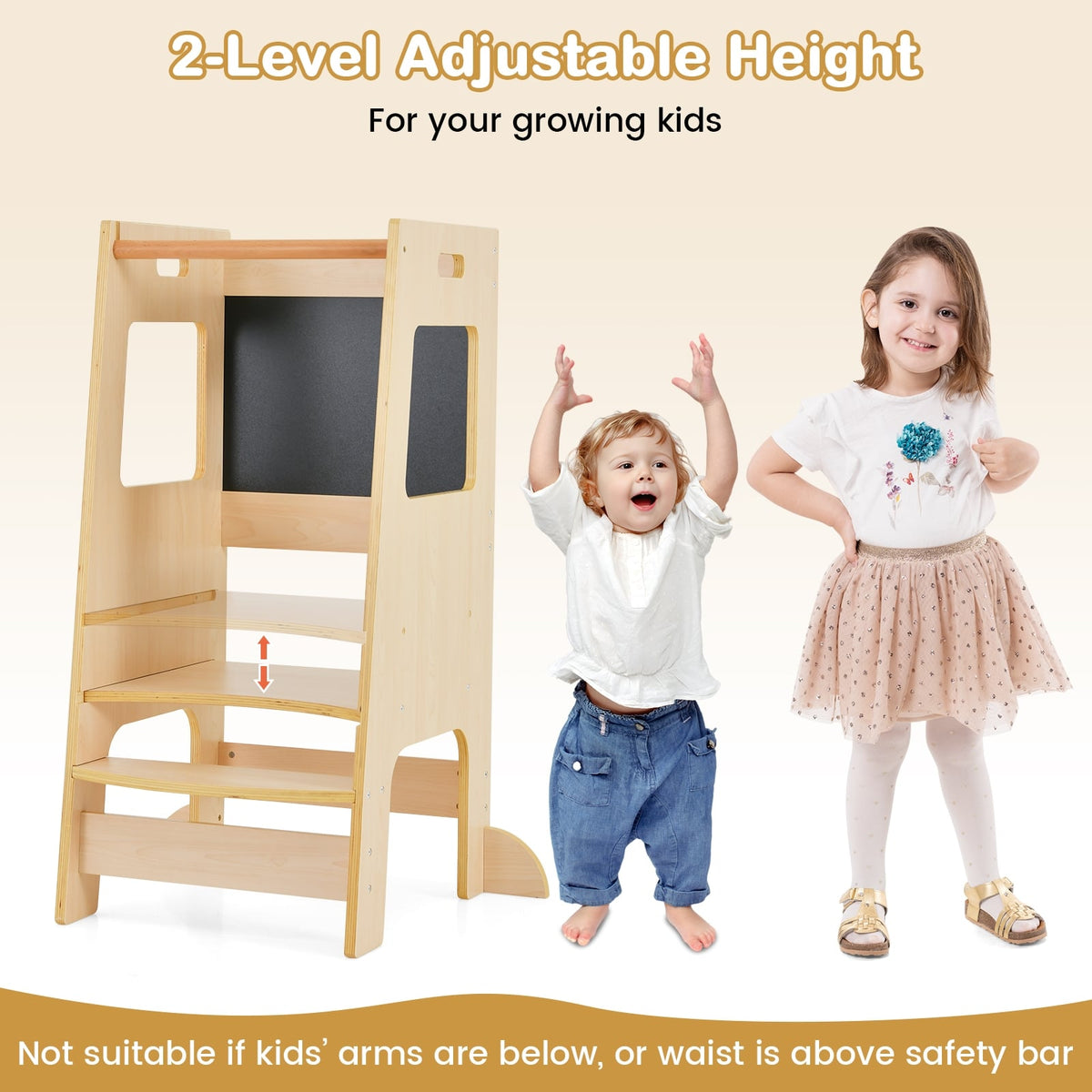 Toddler Kitchen Step Stool with Activity Chalkboard and Adjustable Height-Natural-Toddler & Kids Furniture-DECOROLALA