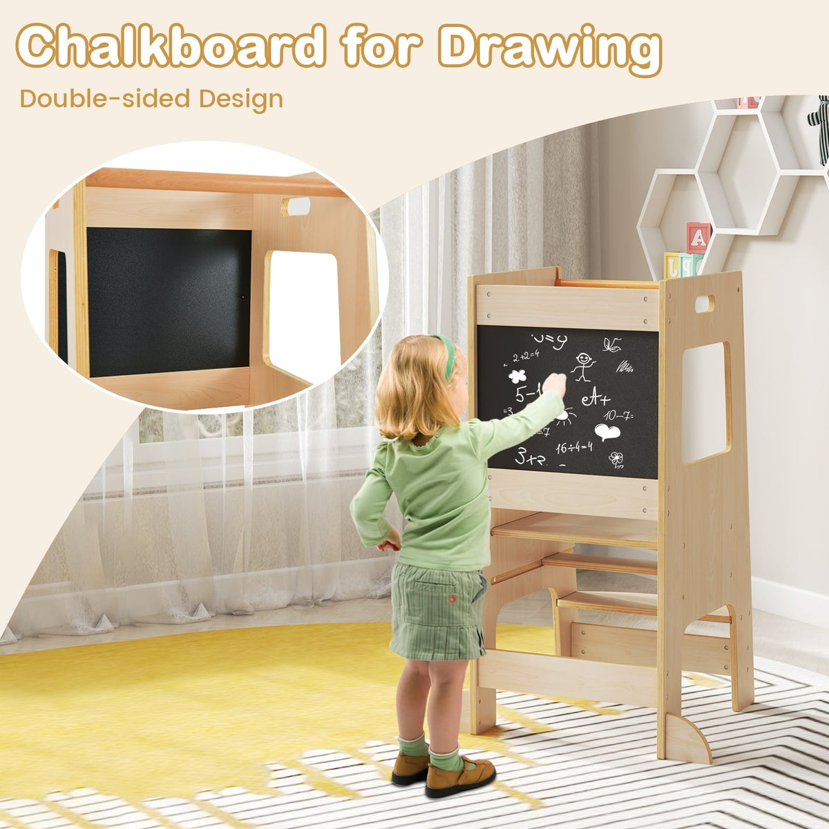Toddler Kitchen Step Stool with Activity Chalkboard and Adjustable Height-Natural-Toddler & Kids Furniture-DECOROLALA