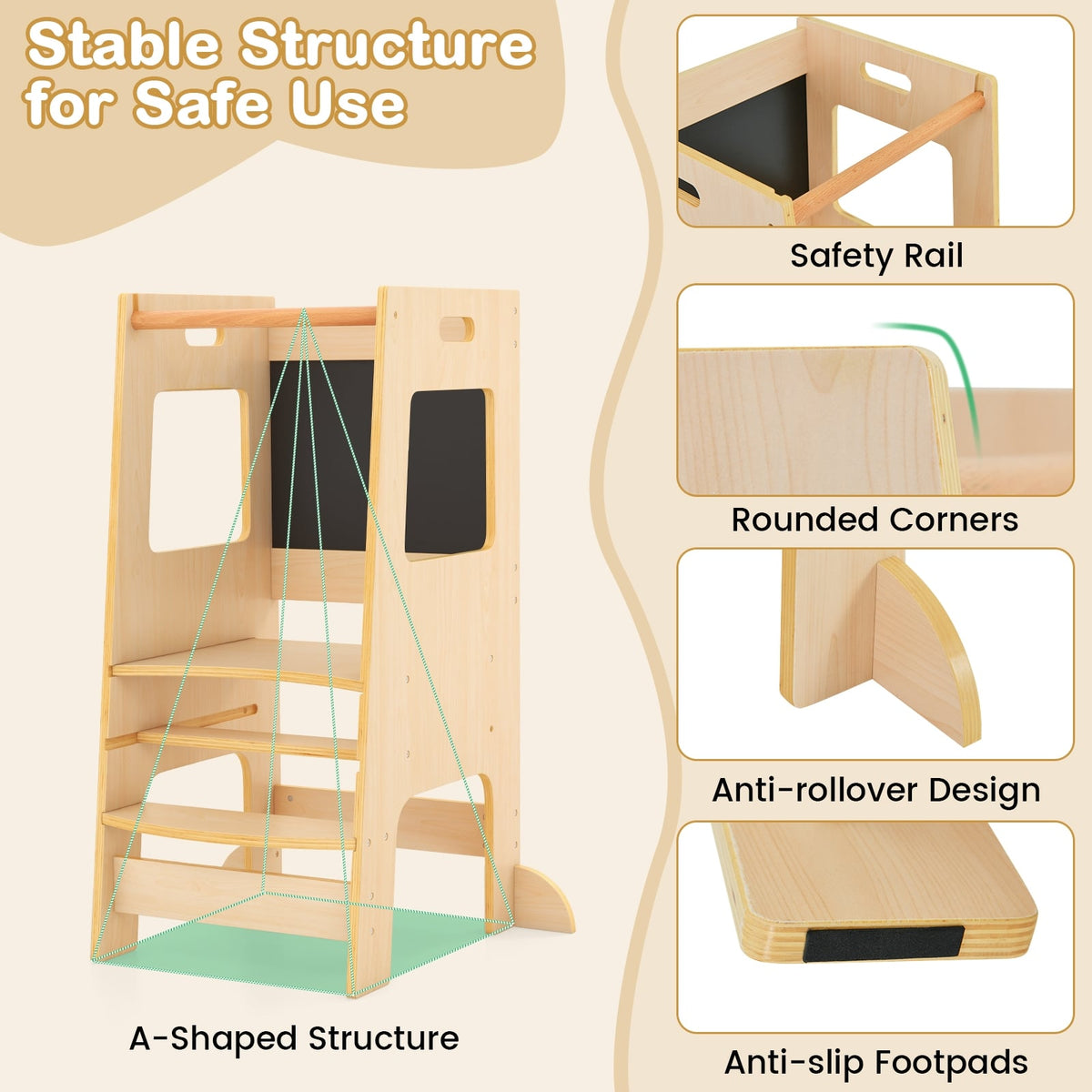 Toddler Kitchen Step Stool with Activity Chalkboard and Adjustable Height-Natural-Toddler & Kids Furniture-DECOROLALA