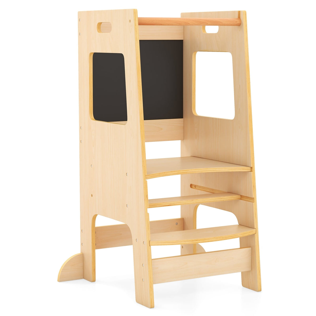 Toddler Kitchen Step Stool with Activity Chalkboard and Adjustable Height-Natural-Toddler & Kids Furniture-DECOROLALA