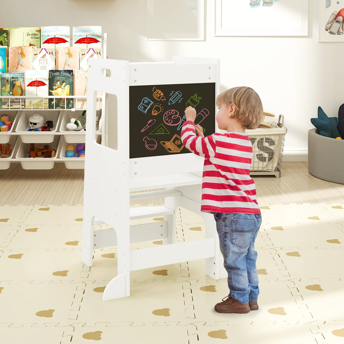 Toddler Kitchen Step Stool with Activity Chalkboard and Adjustable Height-White-Toddler & Kids Furniture-DECOROLALA