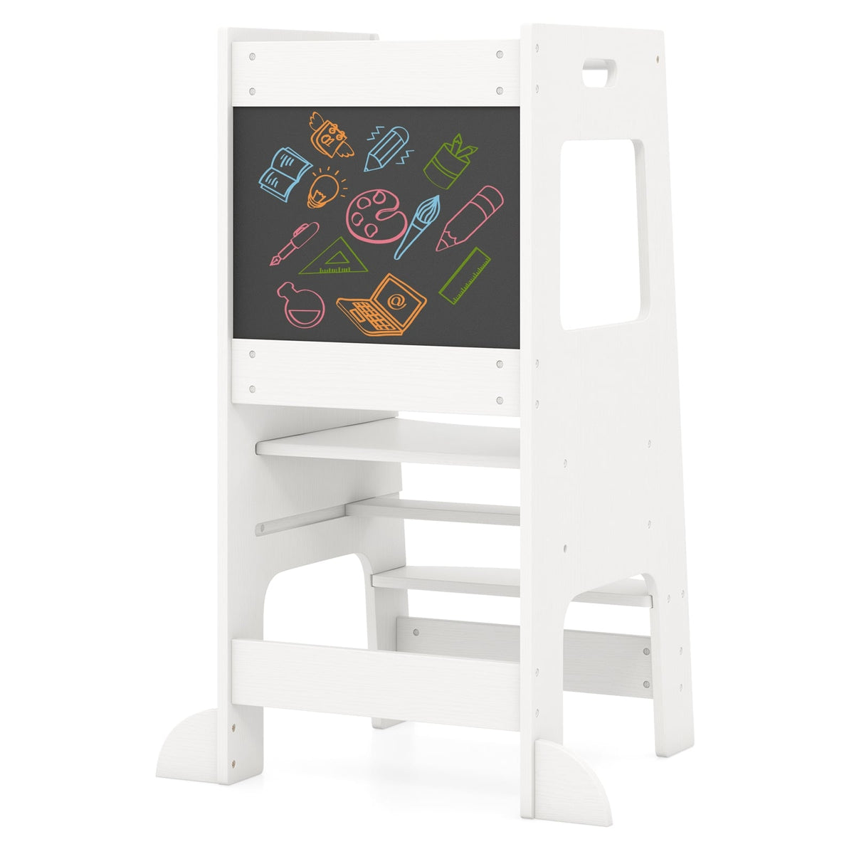 Toddler Kitchen Step Stool with Activity Chalkboard and Adjustable Height-White-Toddler & Kids Furniture-DECOROLALA