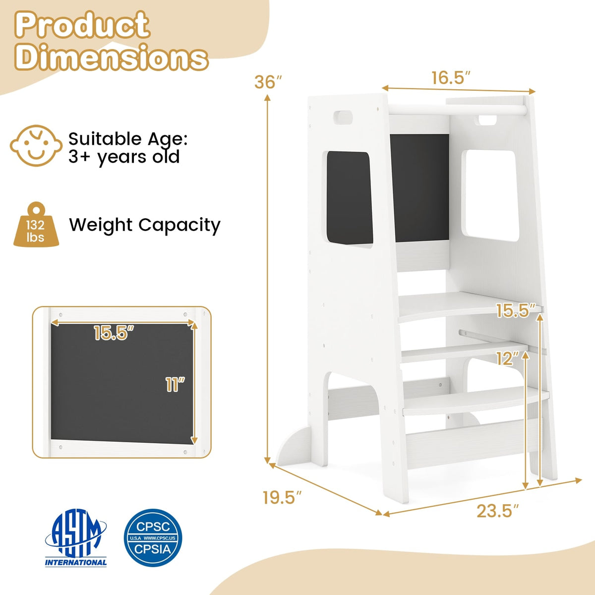 Toddler Kitchen Step Stool with Activity Chalkboard and Adjustable Height-White-Toddler & Kids Furniture-DECOROLALA