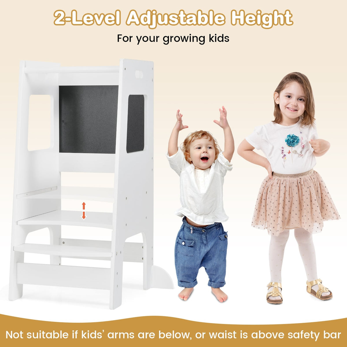 Toddler Kitchen Step Stool with Activity Chalkboard and Adjustable Height-White-Toddler & Kids Furniture-DECOROLALA