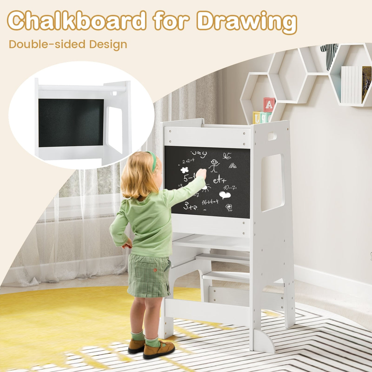 Toddler Kitchen Step Stool with Activity Chalkboard and Adjustable Height-White-Toddler & Kids Furniture-DECOROLALA