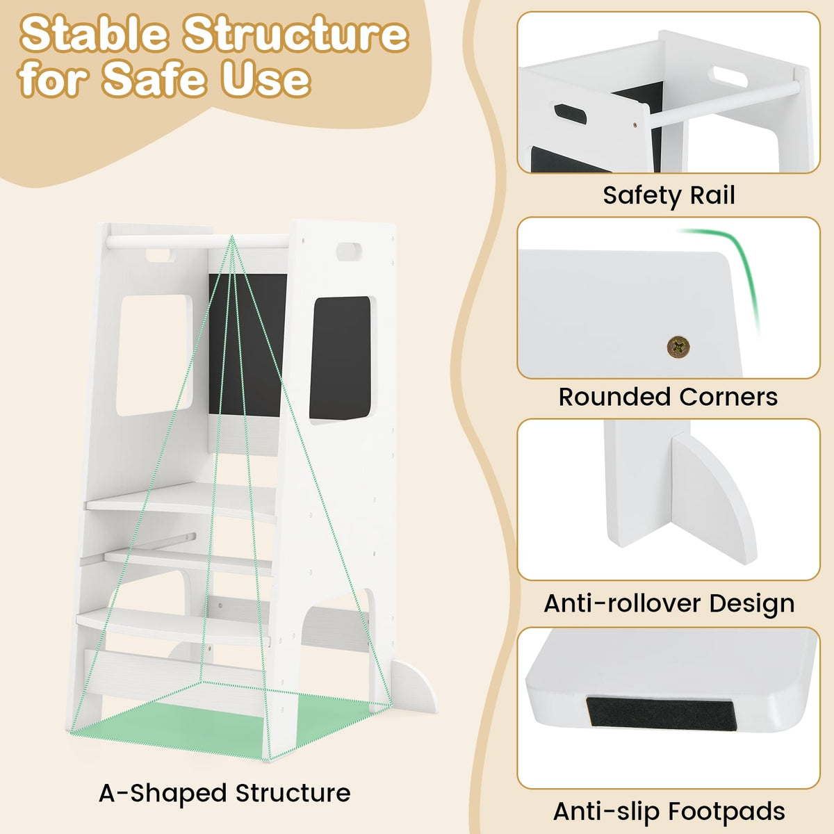 Toddler Kitchen Step Stool with Activity Chalkboard and Adjustable Height-White-Toddler & Kids Furniture-DECOROLALA