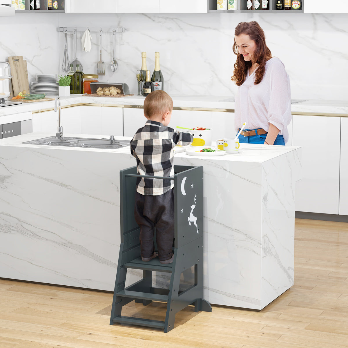Toddler Kitchen Stool Helper Baby Standing Tower with Chalkboard and Whiteboard-Gray-Toddler & Kids Furniture-DECOROLALA