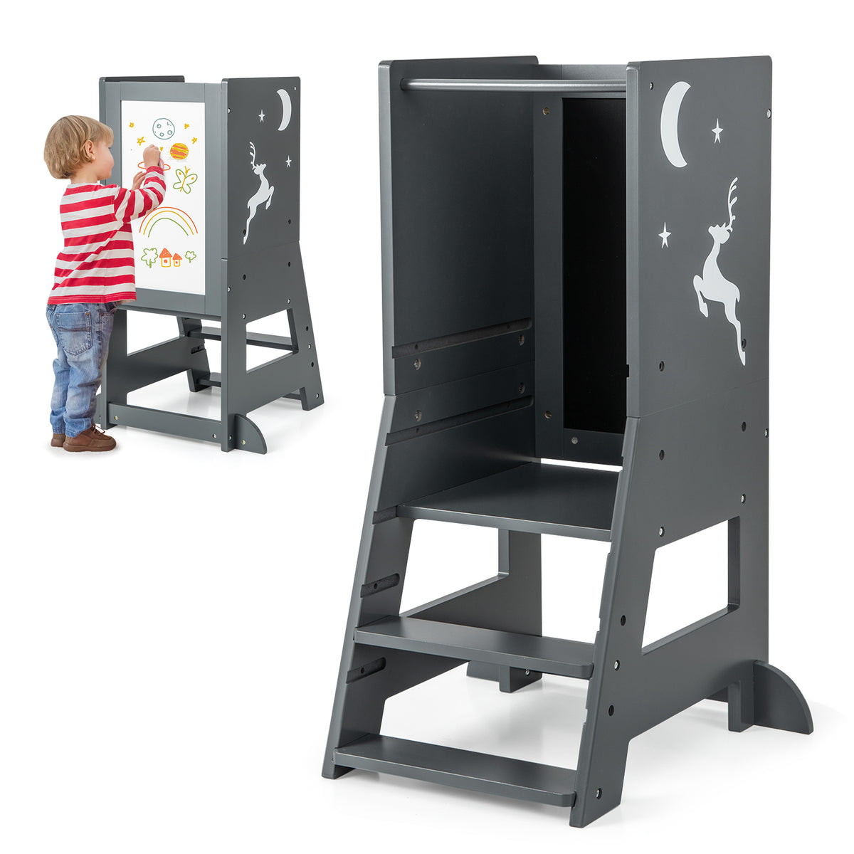 Toddler Kitchen Stool Helper Baby Standing Tower with Chalkboard and Whiteboard-Gray-Toddler & Kids Furniture-DECOROLALA