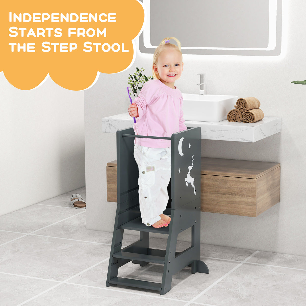 Toddler Kitchen Stool Helper Baby Standing Tower with Chalkboard and Whiteboard-Gray-Toddler & Kids Furniture-DECOROLALA