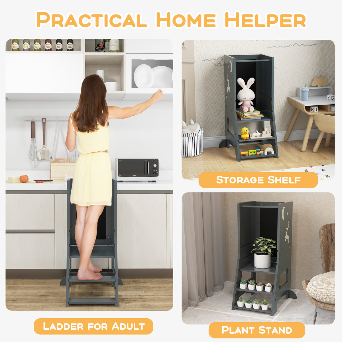 Toddler Kitchen Stool Helper Baby Standing Tower with Chalkboard and Whiteboard-Gray-Toddler & Kids Furniture-DECOROLALA
