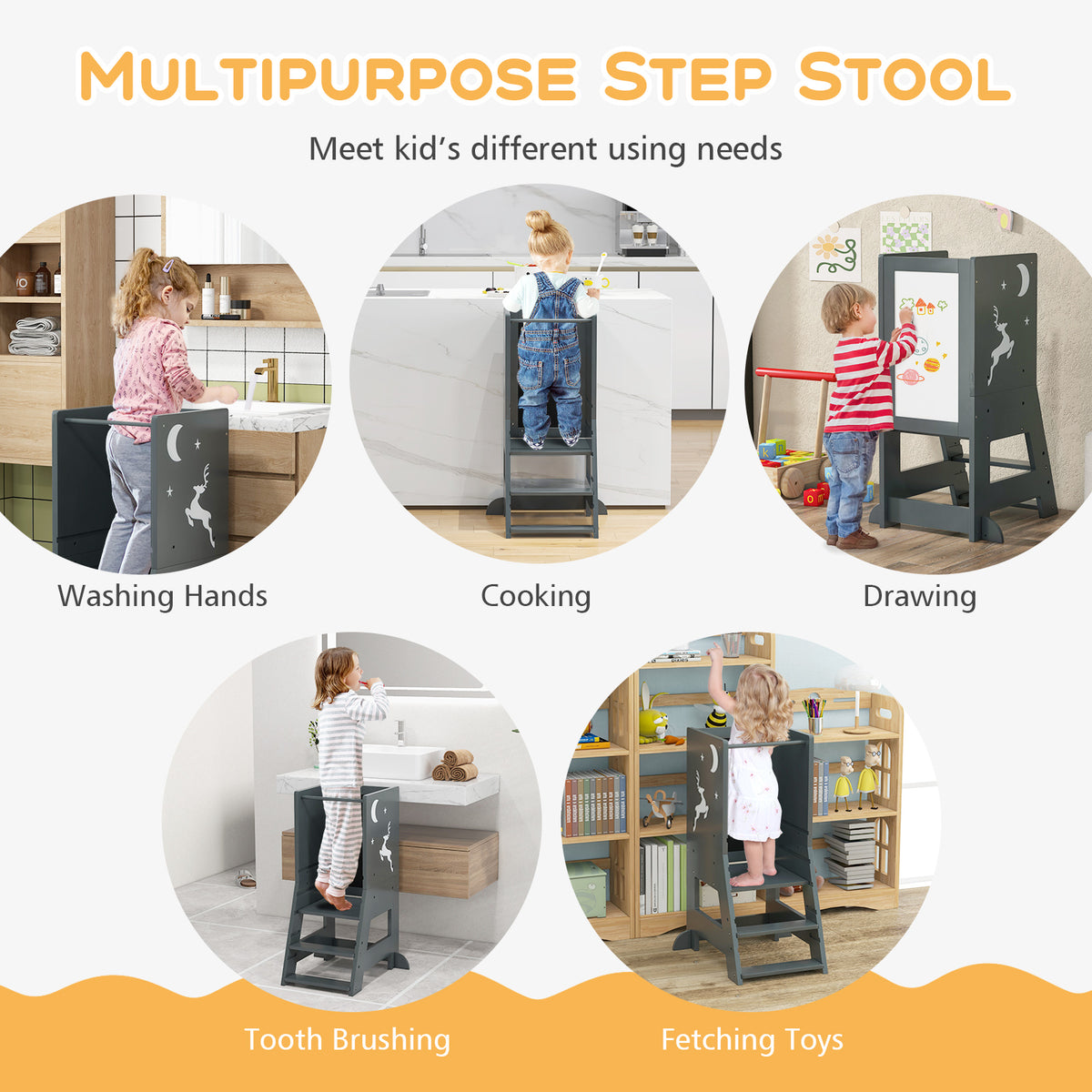 Toddler Kitchen Stool Helper Baby Standing Tower with Chalkboard and Whiteboard-Gray-Toddler & Kids Furniture-DECOROLALA